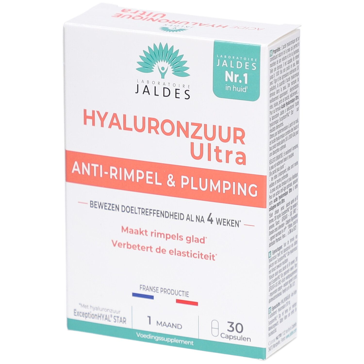 Schachtel mit Laboratoire Jaldes Hyaluronzuur Ultra. Text: Anti-Rimpel & Plumping, 1 maand, Franse productie. 30 capsules.
