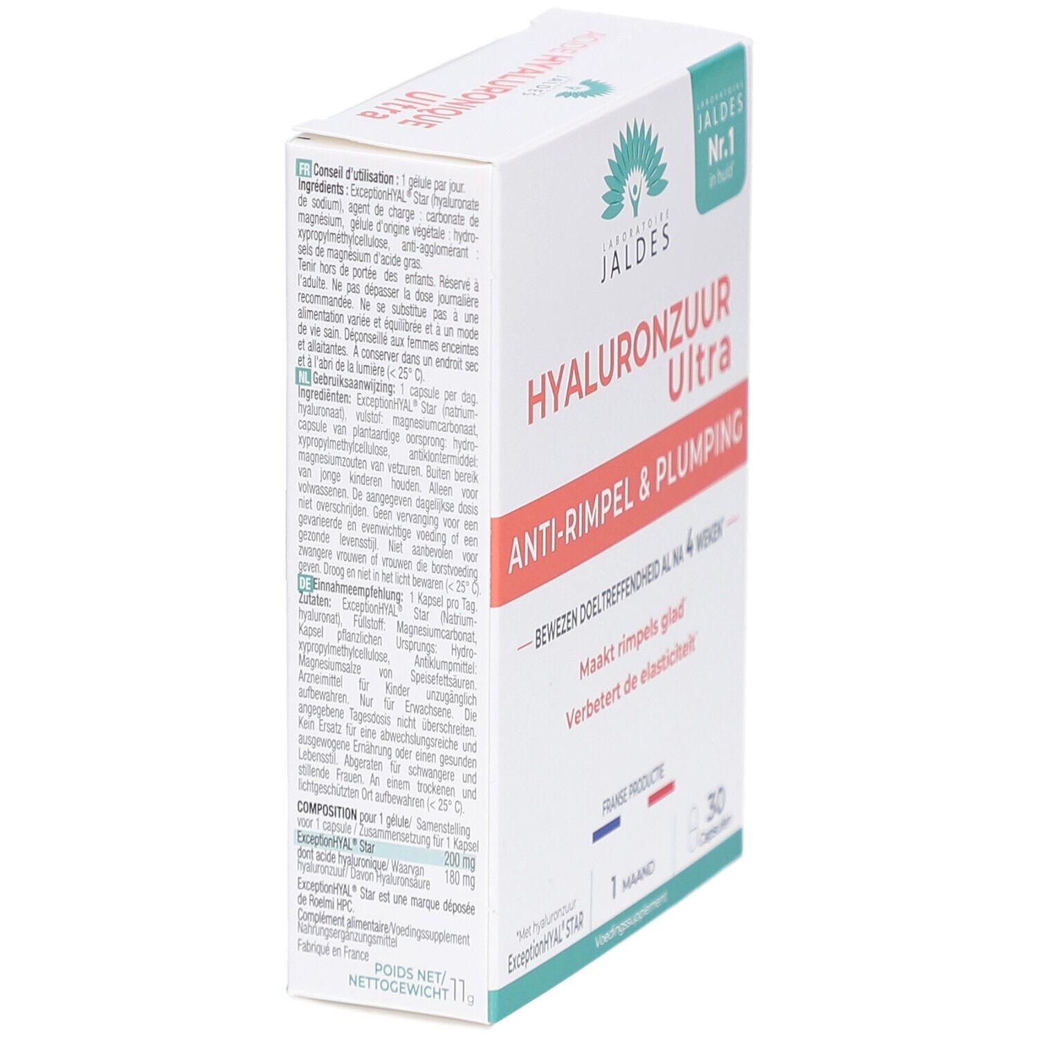 Schachtel mit Laboratoire Jaldes Hyaluronzuur Ultra. Text: Anti-Rimpel & Plumping, 1 maand, Franse productie. Detailansicht der Inhaltsstoffe.