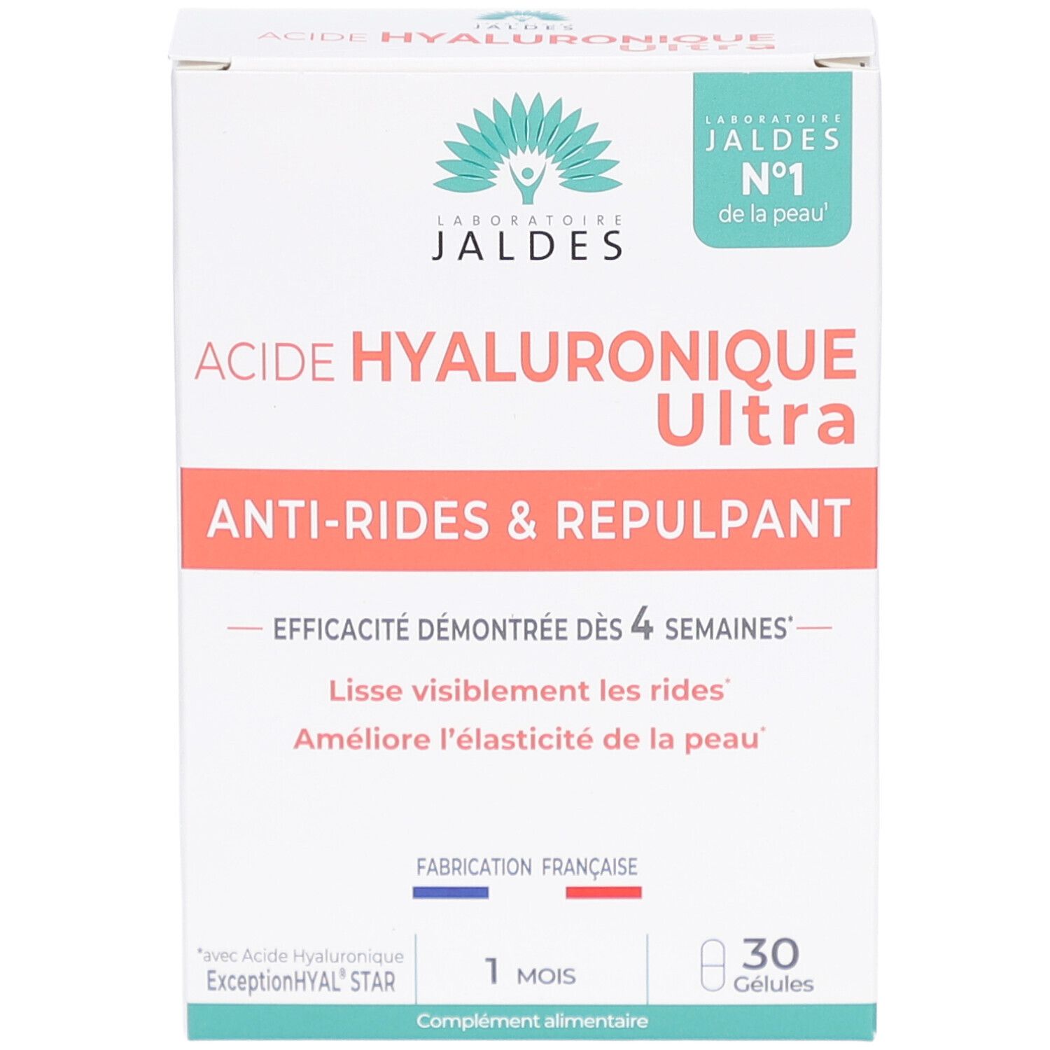 Schachtel mit Laboratoire Jaldes Acide Hyaluronique Ultra. Text: Anti-Rides & Repulpant, 1 mois, Fabrication Française. 30 Kapseln.