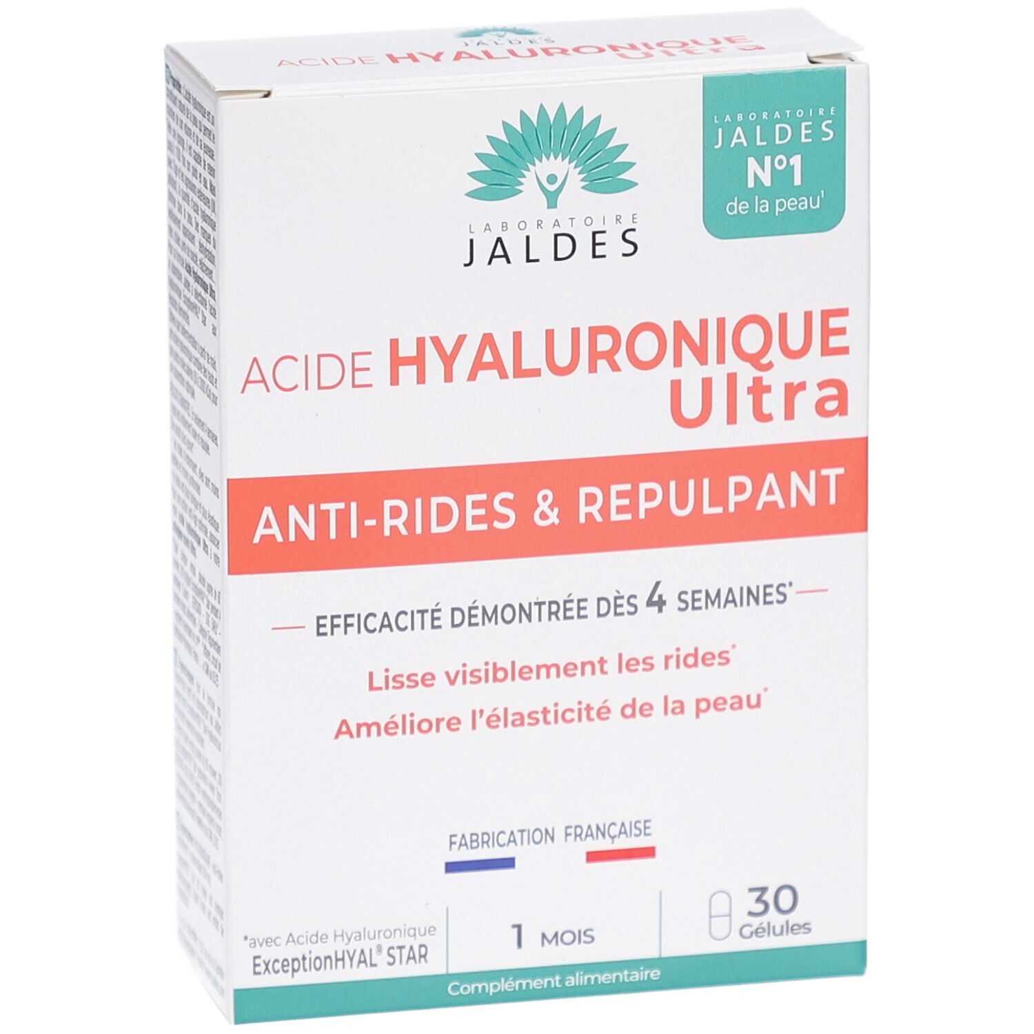 Schachtel mit Laboratoire Jaldes Acide Hyaluronique Ultra. Text: Anti-Rides & Repulpant, 1 mois, Fabrication Française. 30 Kapseln.