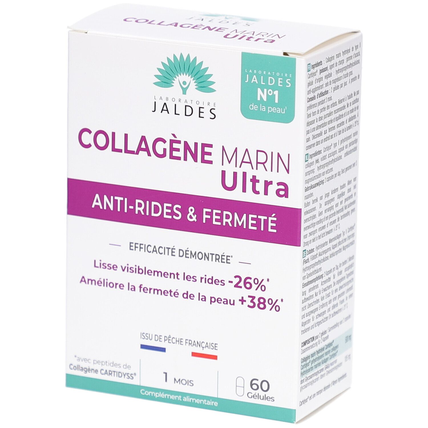Weißer Karton mit Aufschrift COLLAGÈNE MARIN Ultra. Enthält 60 Kapseln. Text: Anti-Rides & Fermeté. Hergestellt in Frankreich.