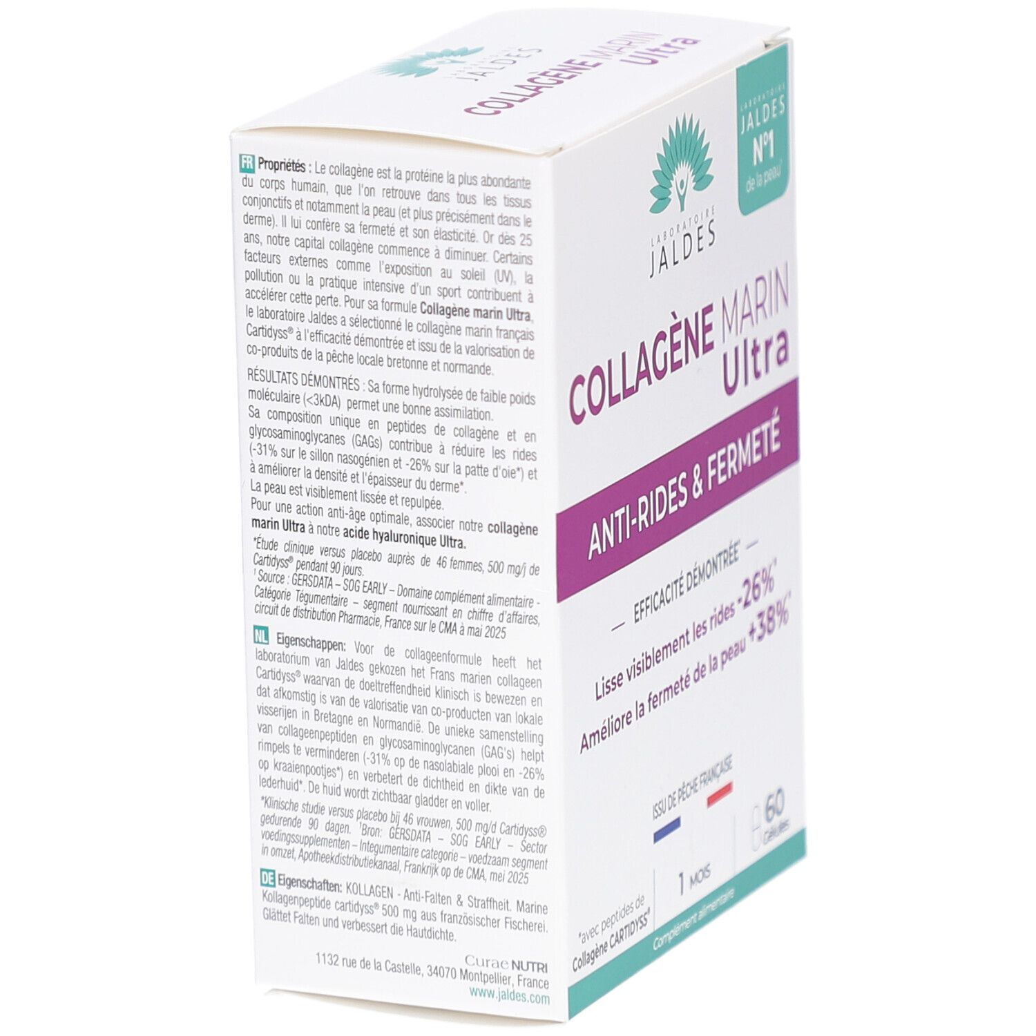Weißer Karton mit COLLAGÈNE MARIN Ultra. Text: Anti-Rides & Fermeté. Enthält 60 Kapseln. Seitenansicht mit Text.