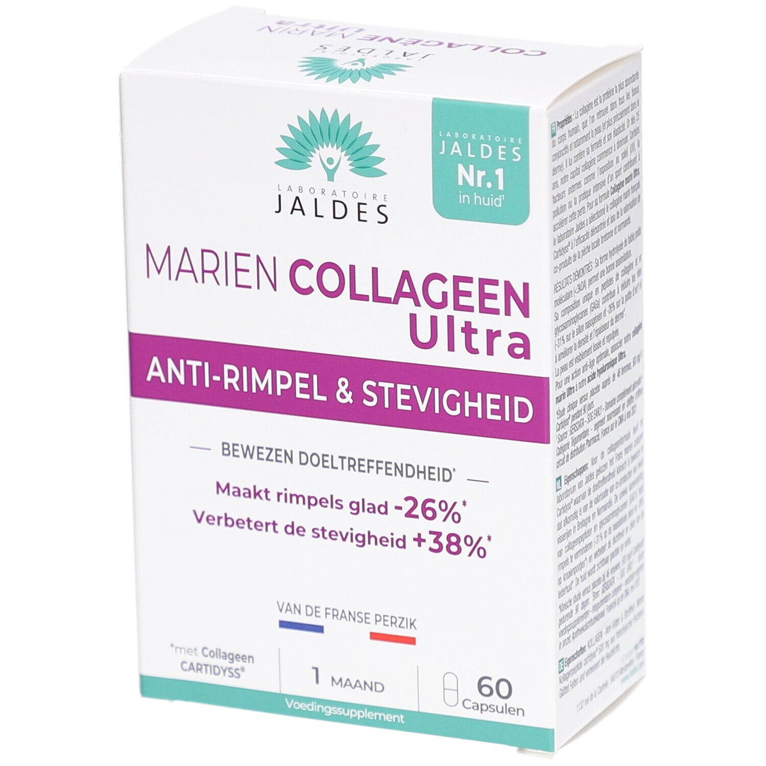 Weißer Karton mit MARIEN COLLAGEEN Ultra. Text: Anti-Rimpel & Stevigheid. Enthält 60 Kapseln. Niederländische Version.