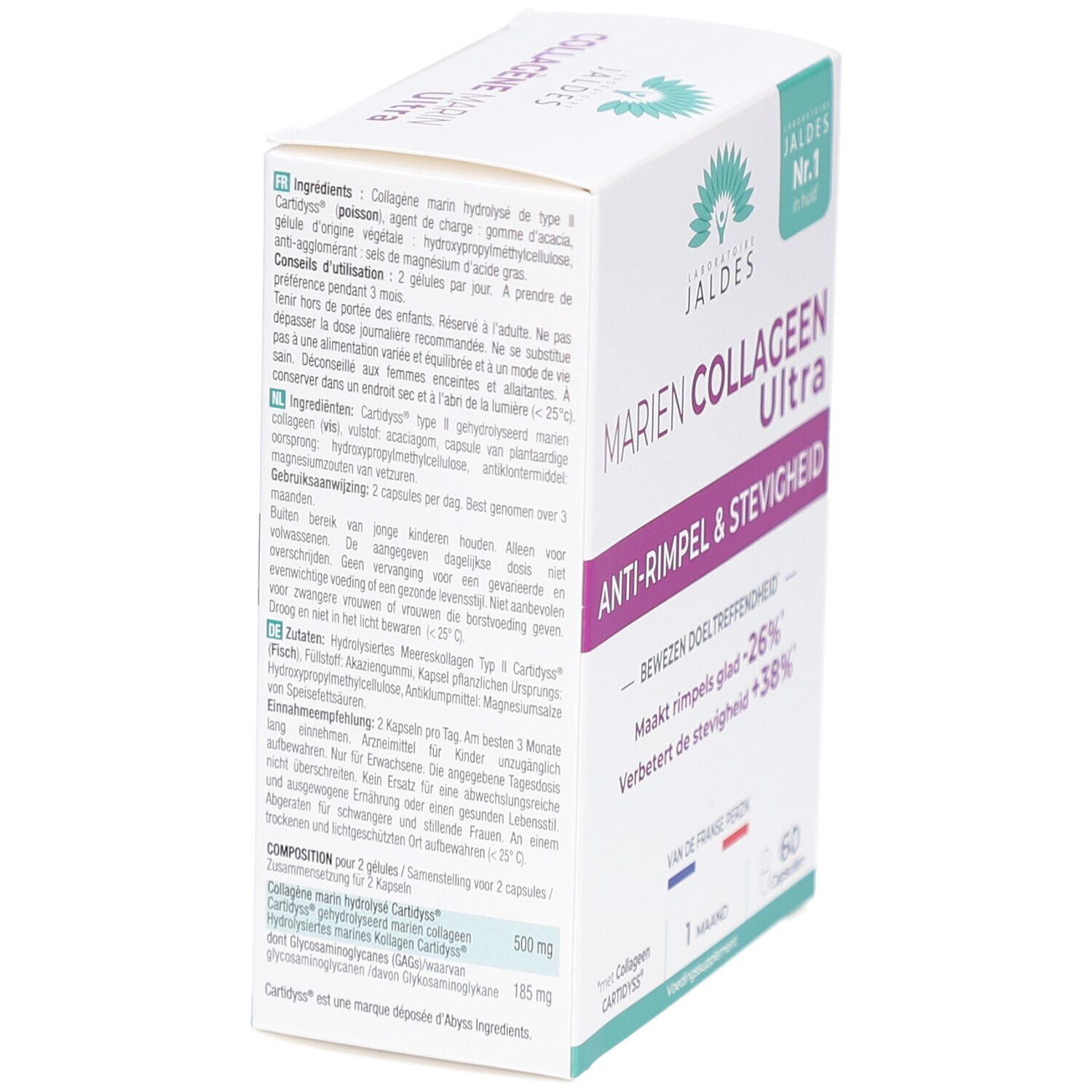 Weißer Karton mit MARIEN COLLAGEEN Ultra. Text: Anti-Rimpel & Stevigheid. Enthält 60 Kapseln. Rückseite mit Inhaltsstoffen.