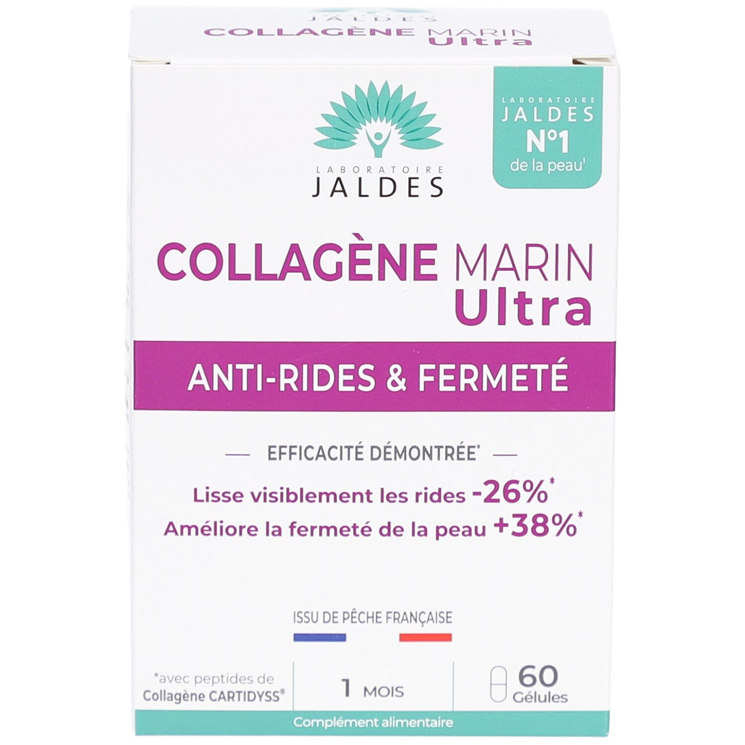 Weißer Karton mit COLLAGÈNE MARIN Ultra. Text: Anti-Rides & Fermeté. Enthält 60 Kapseln. Französische Version.