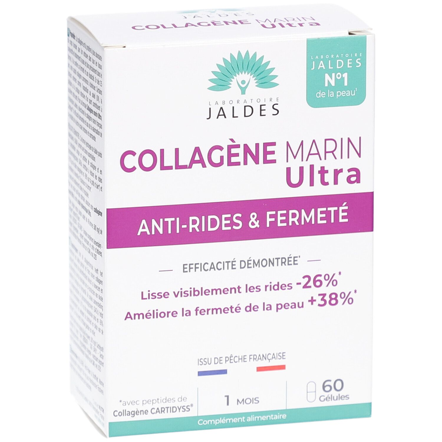Weißer Karton mit COLLAGÈNE MARIN Ultra. Text: Anti-Rides & Fermeté. Enthält 60 Kapseln. Französische Version.