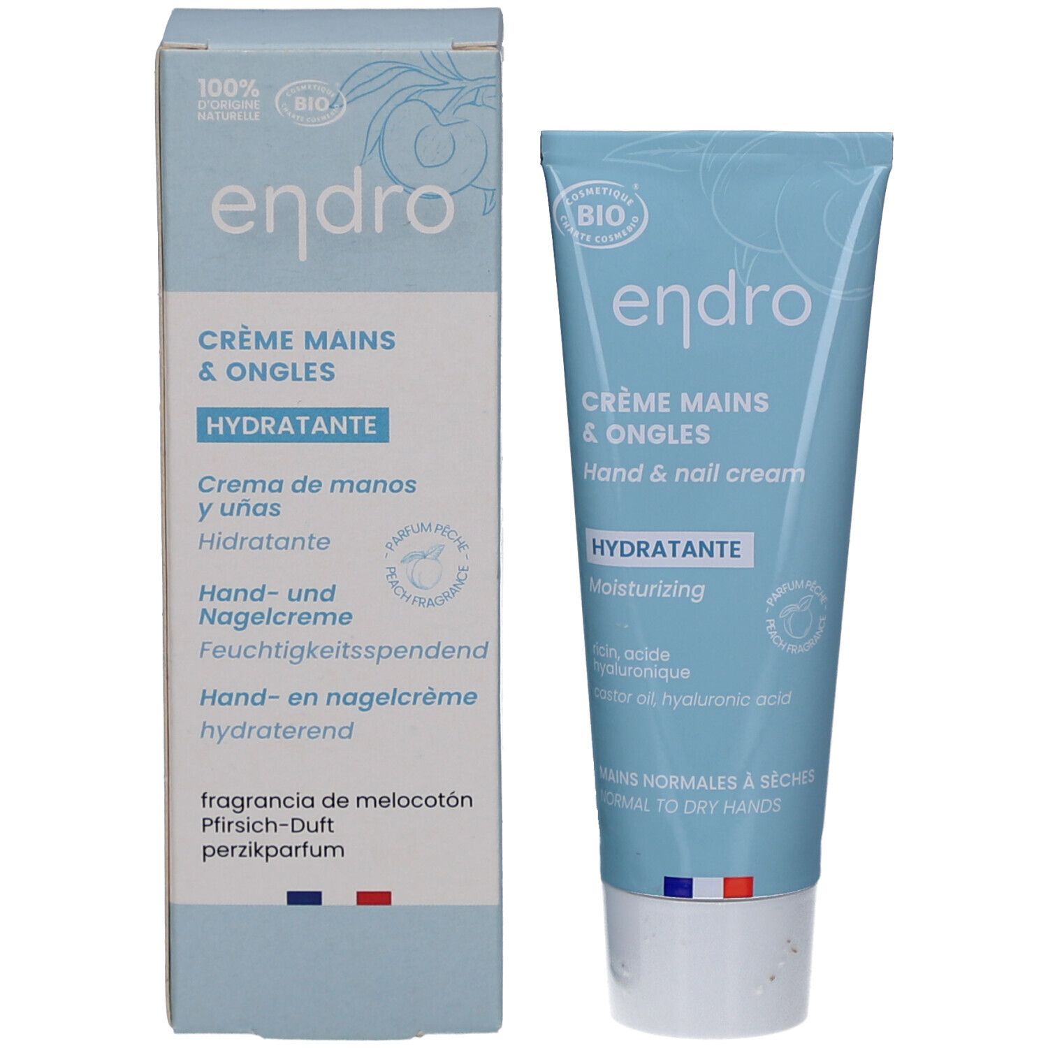 Produktverpackung. Hellblaue Schachtel und Tube. Aufschrift: endro, Crème Mains & Ongles, Hand & nail cream, Hydratante.