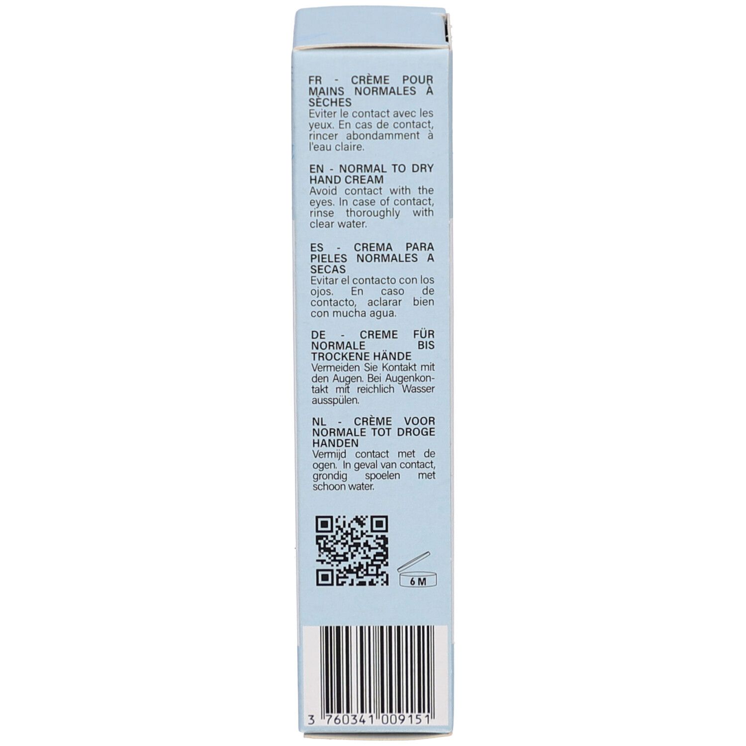 Rückseite der Schachtel. Mehrsprachiger Text. QR-Code. Hergestellt in Frankreich.