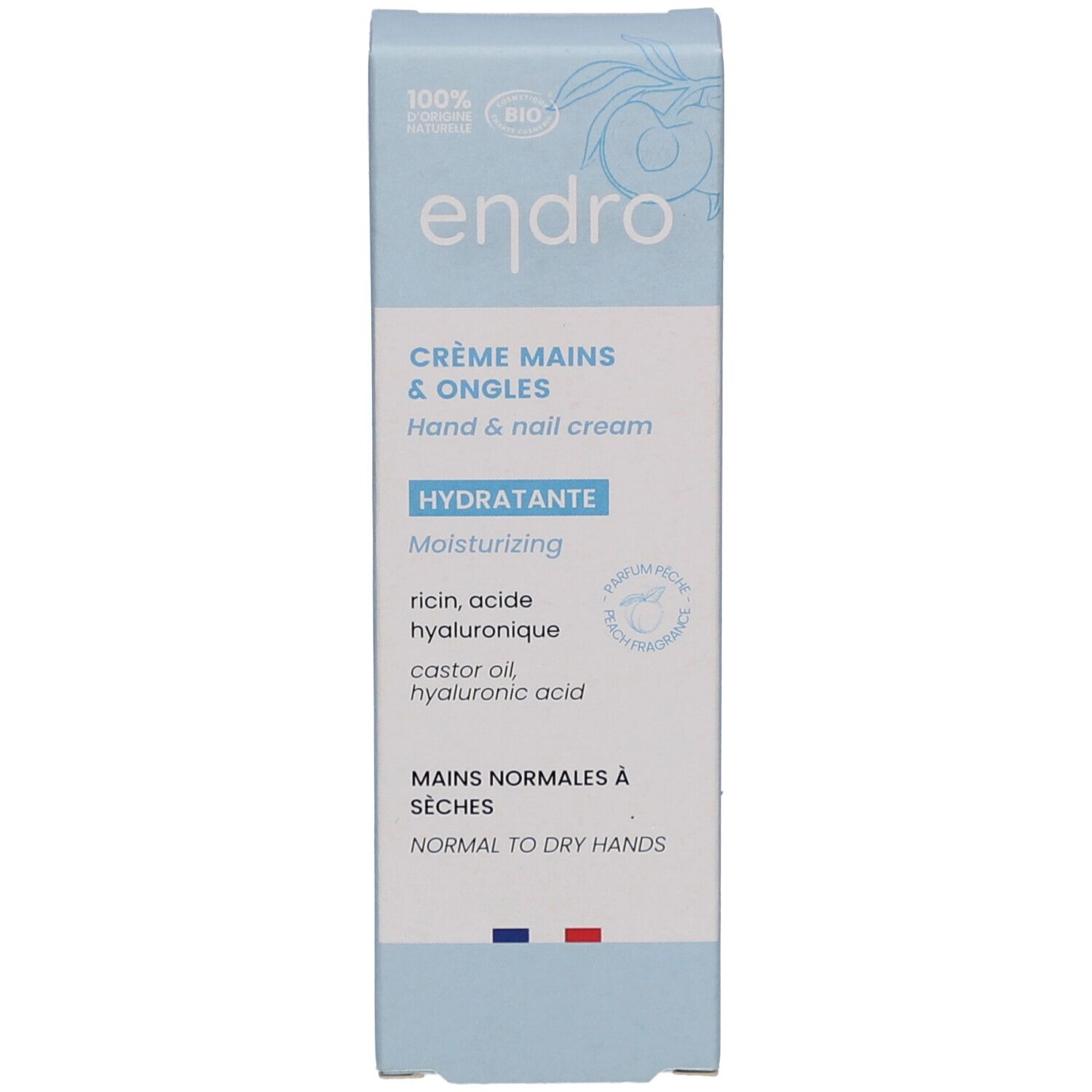 Hellblaue Schachtel. Aufschrift: endro, Crème Mains & Ongles, Hand & nail cream, Hydratante. Inhaltsstoffe.