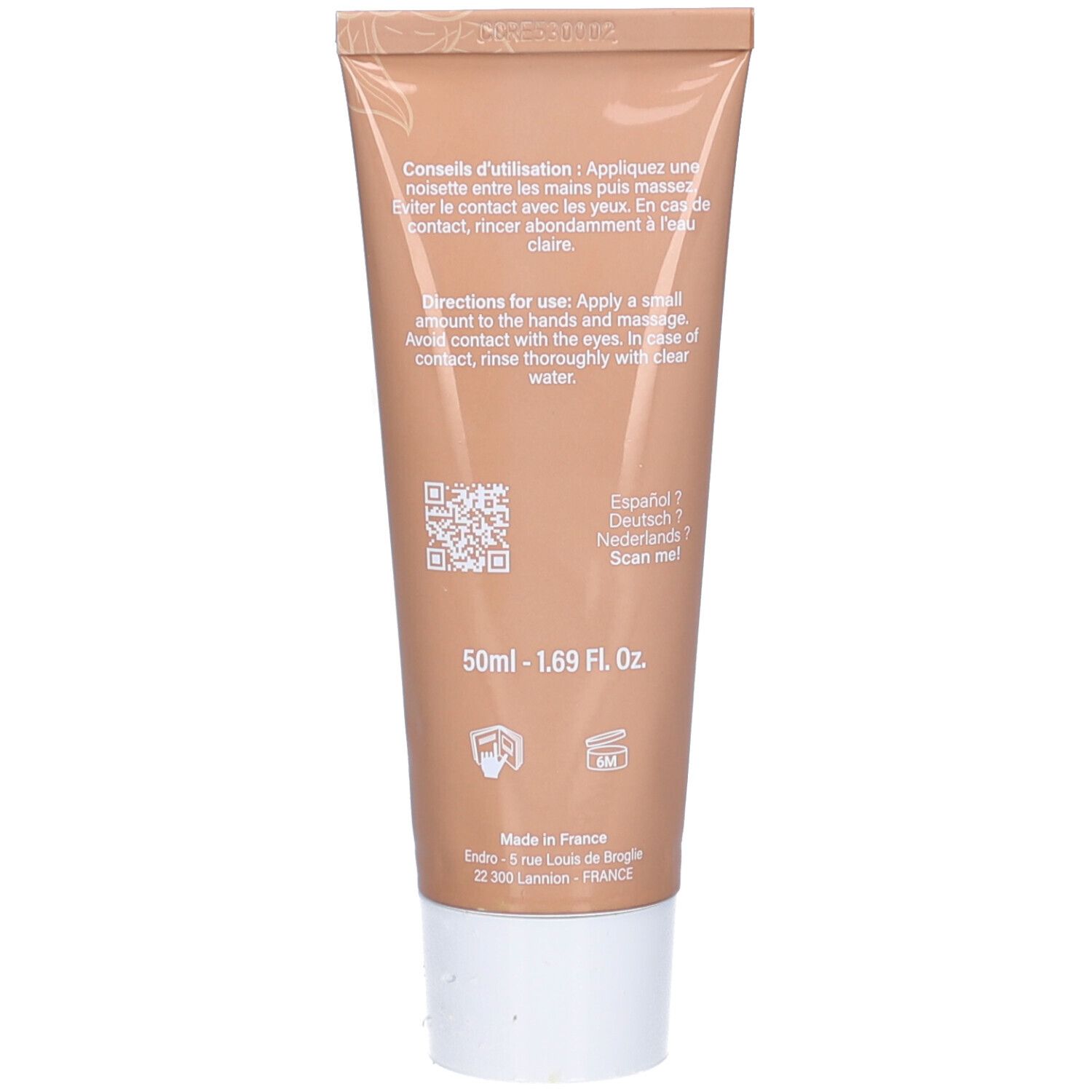 Rückseite der Handcreme-Tube. Text in Französisch, Englisch, Spanisch, Deutsch, Niederländisch. QR-Code. 50ml - 1.69 Fl. Oz.