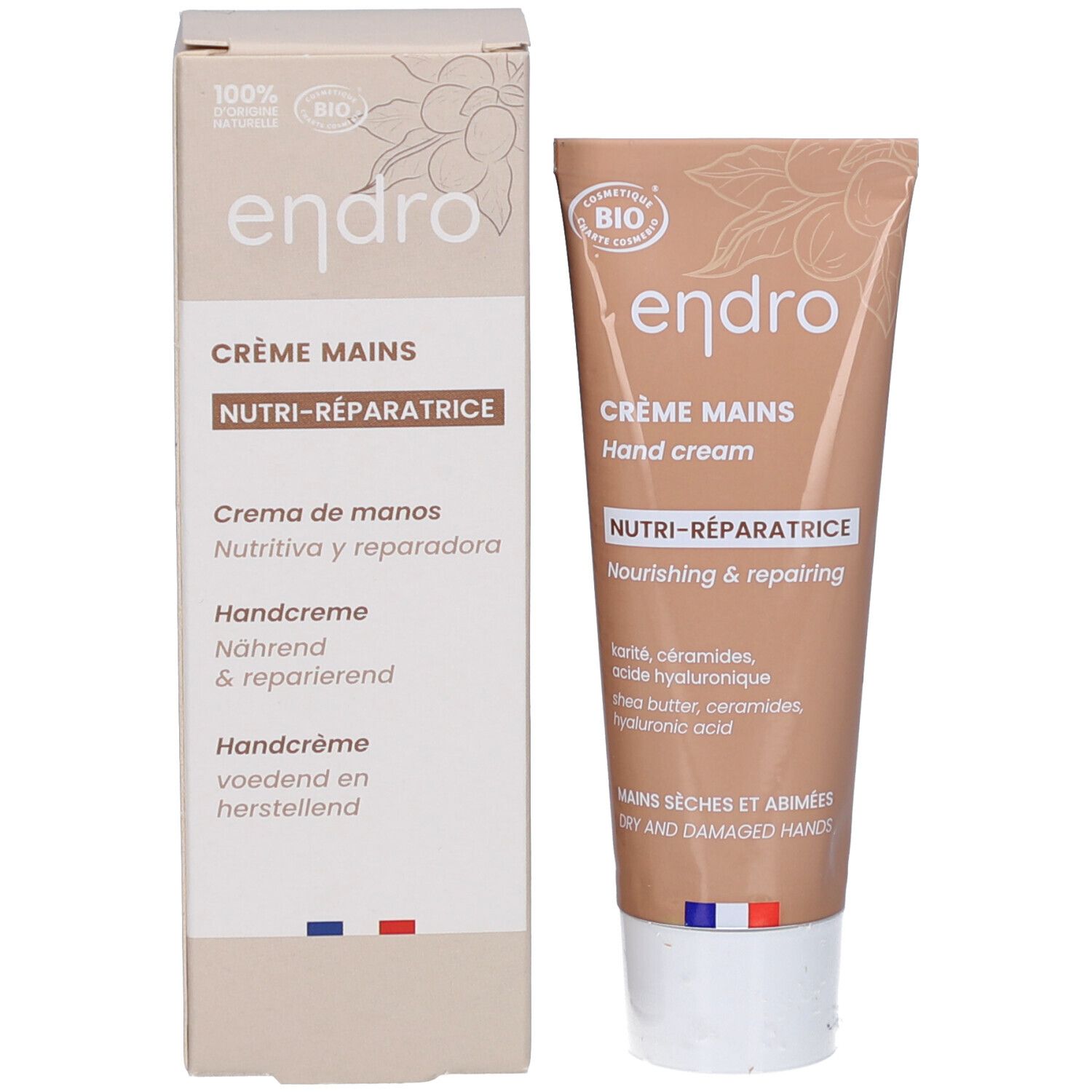 Handcreme-Tube und Schachtel. Aufschrift: endro, Crème Mains, Nutri-Réparatrice, Handcreme. Bio-Siegel. Französische Flagge.