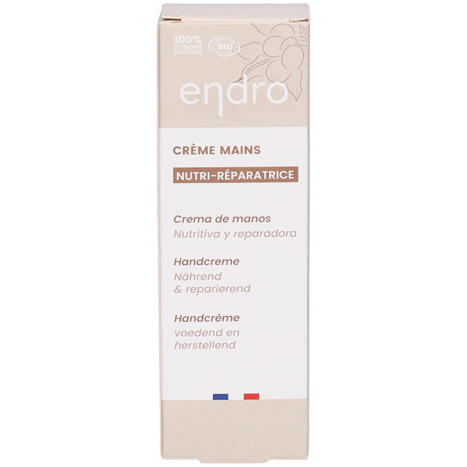 Schachtel mit Handcreme. Aufschrift: endro, Crème Mains, Nutri-Réparatrice, Handcreme. Bio-Siegel. Französische Flagge.