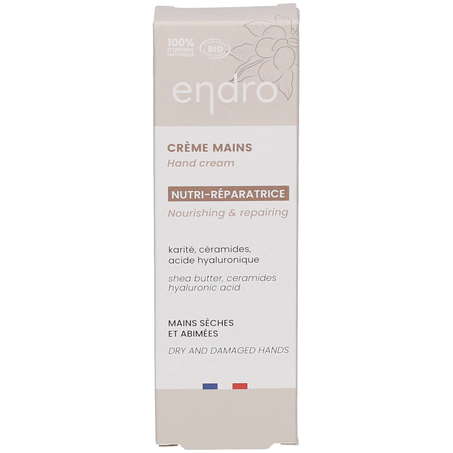 Schachtel mit Handcreme. Aufschrift: endro, Crème Mains, Nutri-Réparatrice, Handcreme. Bio-Siegel. Französische Flagge.