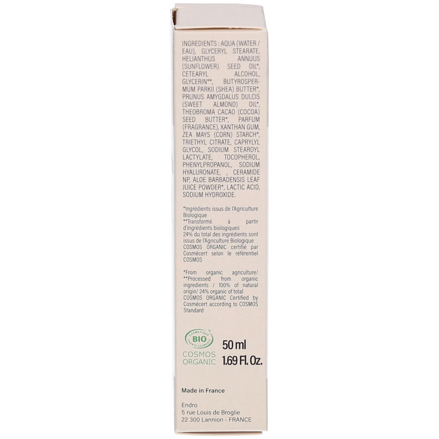 Rückseite der Handcreme-Schachtel. Zutatenliste, Bio-Siegel, 50ml - 1.69 Fl. Oz. Made in France.