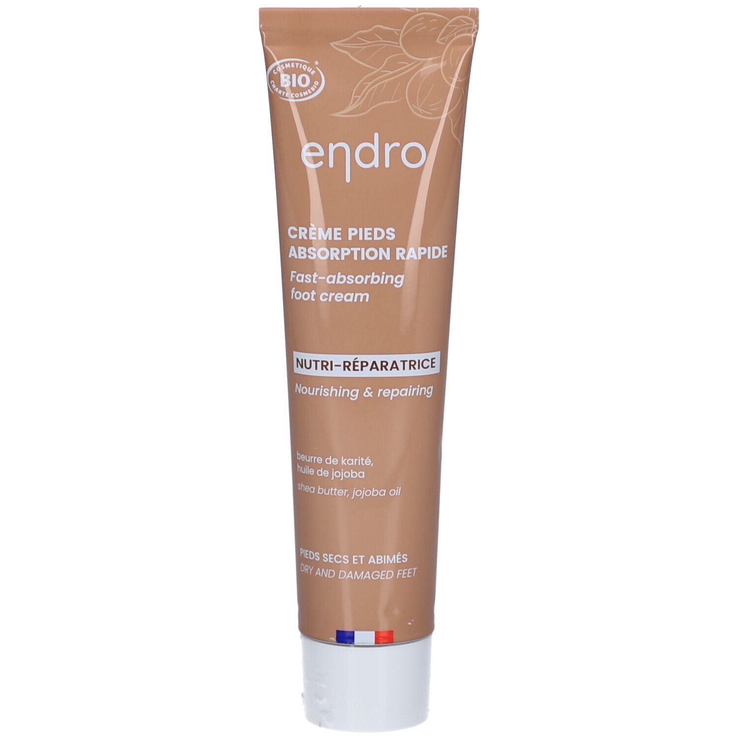 Beige Tube mit weißem Verschluss. Aufschrift: Endro, Crème Pieds, Absorption Rapide, Nutri-Réparatrice. Bio-Siegel.