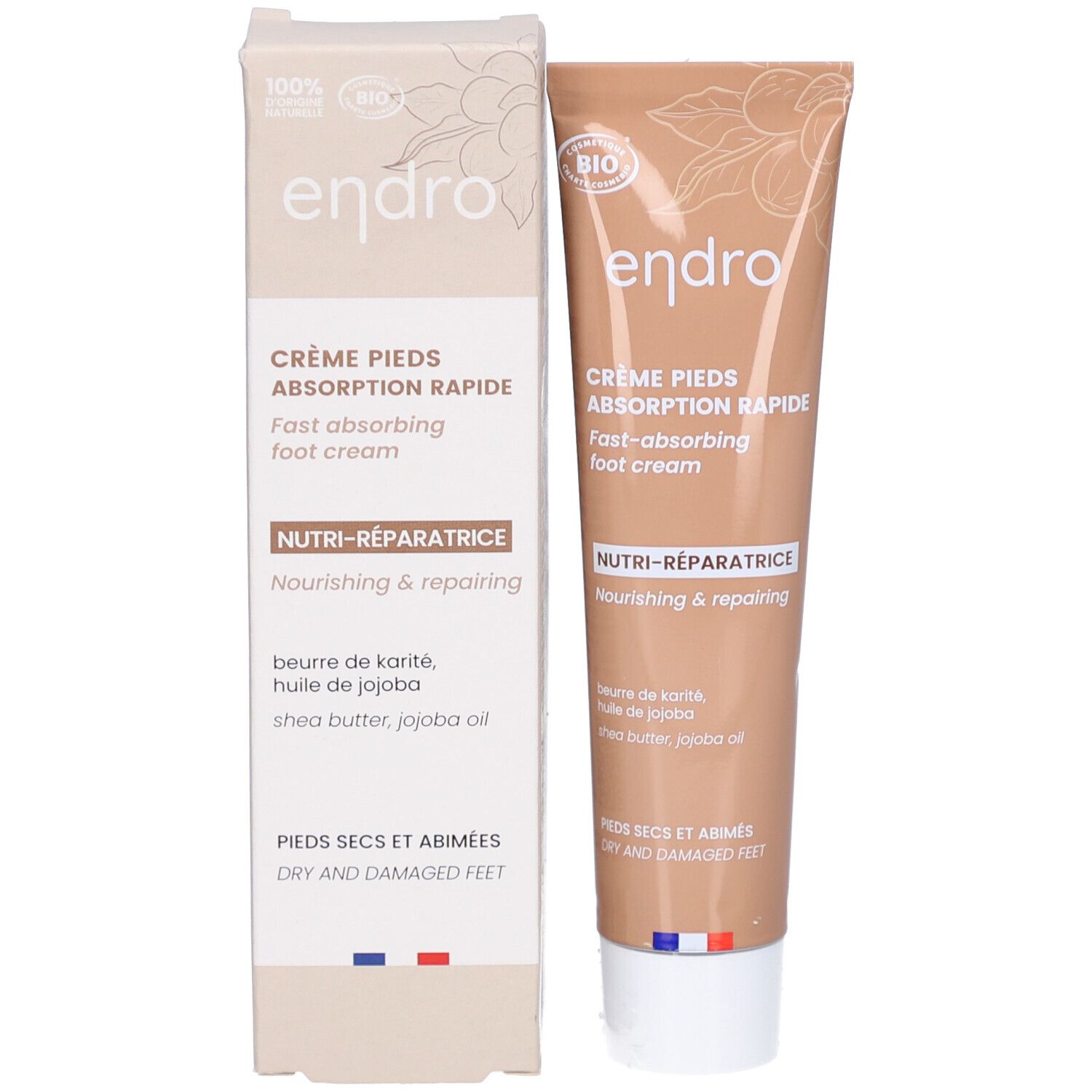 Produktverpackung und Tube. Verpackung: rechteckig, beige. Tube: beige mit weißem Verschluss. Aufschrift: Endro.