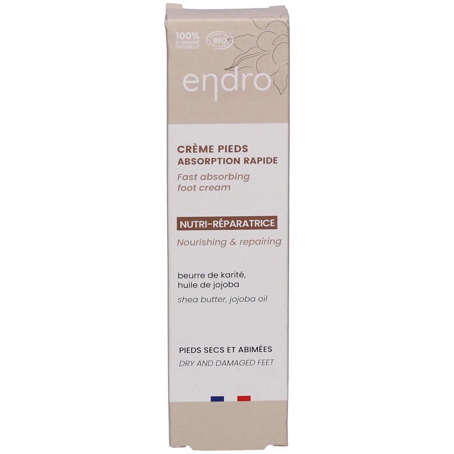 Rechteckige Produktverpackung, beige. Aufschrift: Endro, Crème Pieds, Absorption Rapide, Nutri-Réparatrice. Bio-Siegel.