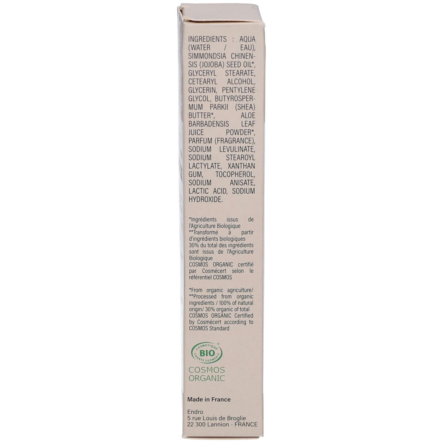 Rückseite der Produktverpackung. Inhaltsstoffe, Bio-Siegel, Herstellerinformationen. Hergestellt in Frankreich.