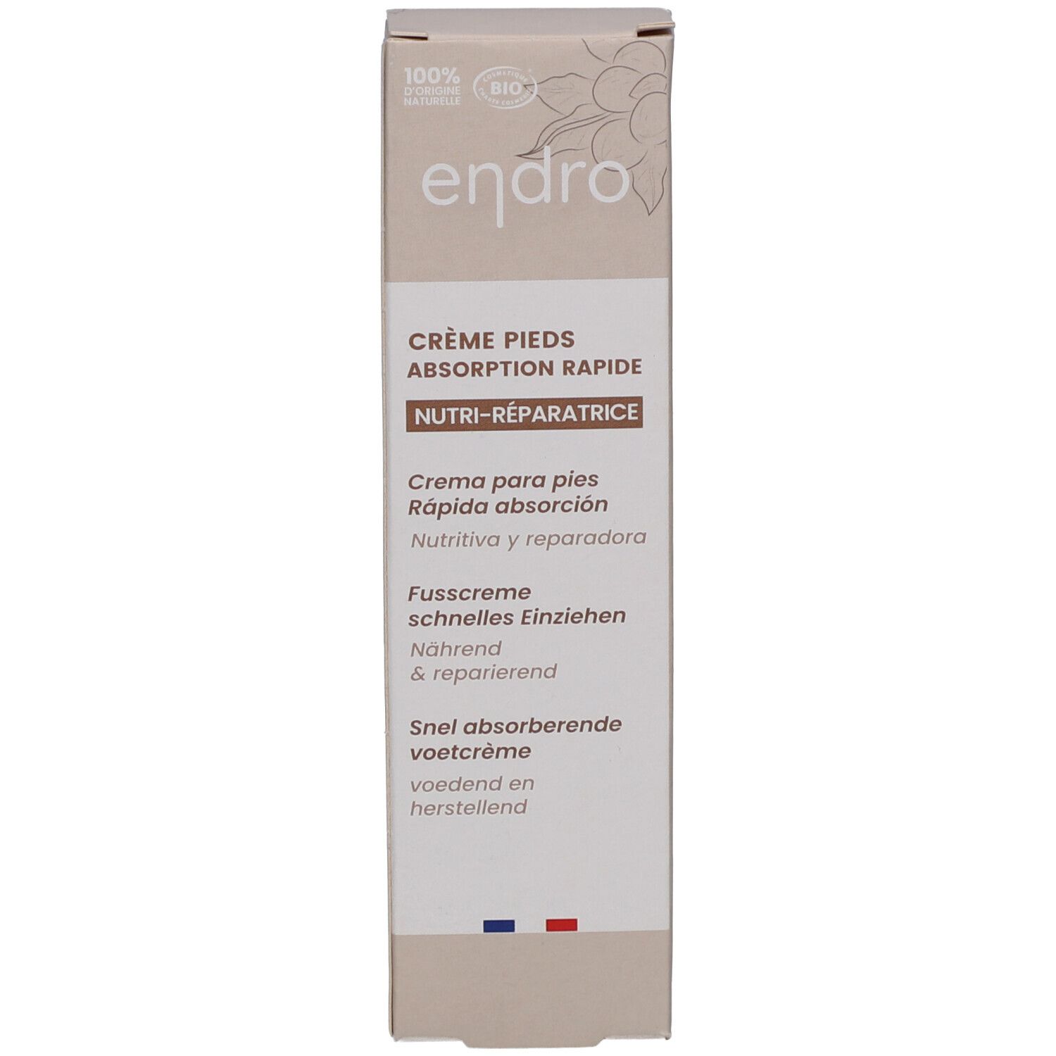 Rückseite der Verpackung. Text in mehreren Sprachen. Volumen: 75ml. QR-Code. Hergestellt in Frankreich.