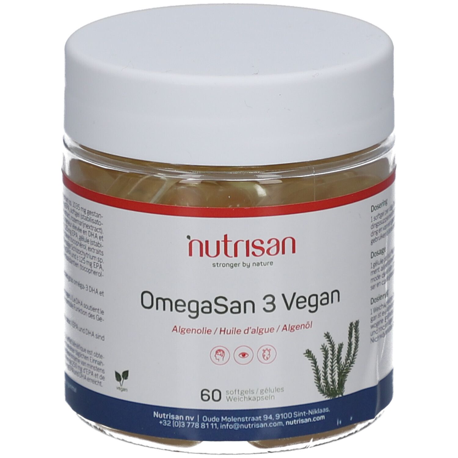 Klare Dose mit weißen Deckel. Etikett mit Produktname OmegaSan 3 Vegan, Marke Nutrisan. 60 Softgels.