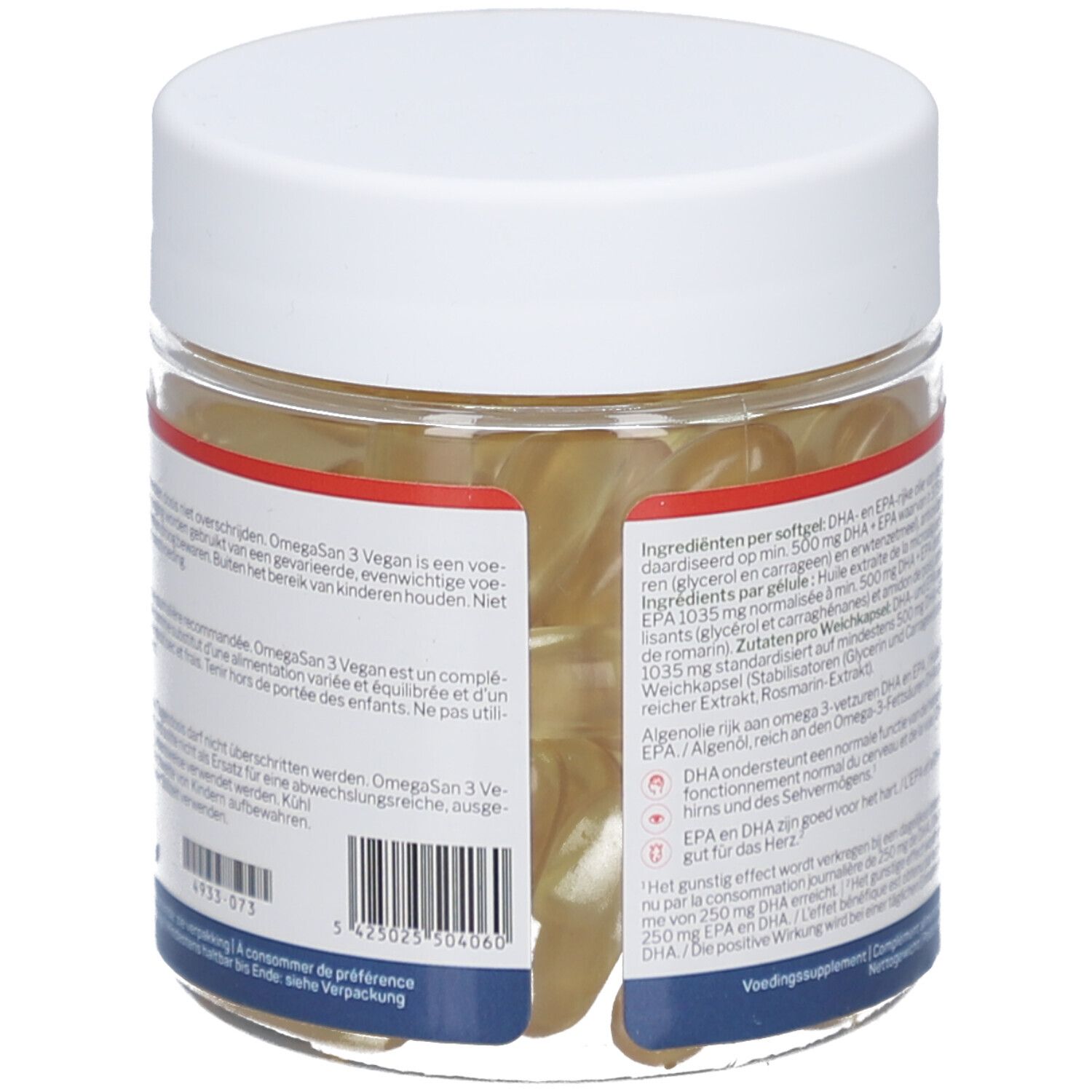 Rückseite der Dose mit weißen Deckel. Etikett mit Produktinformationen, Barcode. OmegaSan 3 Vegan, Marke Nutrisan.