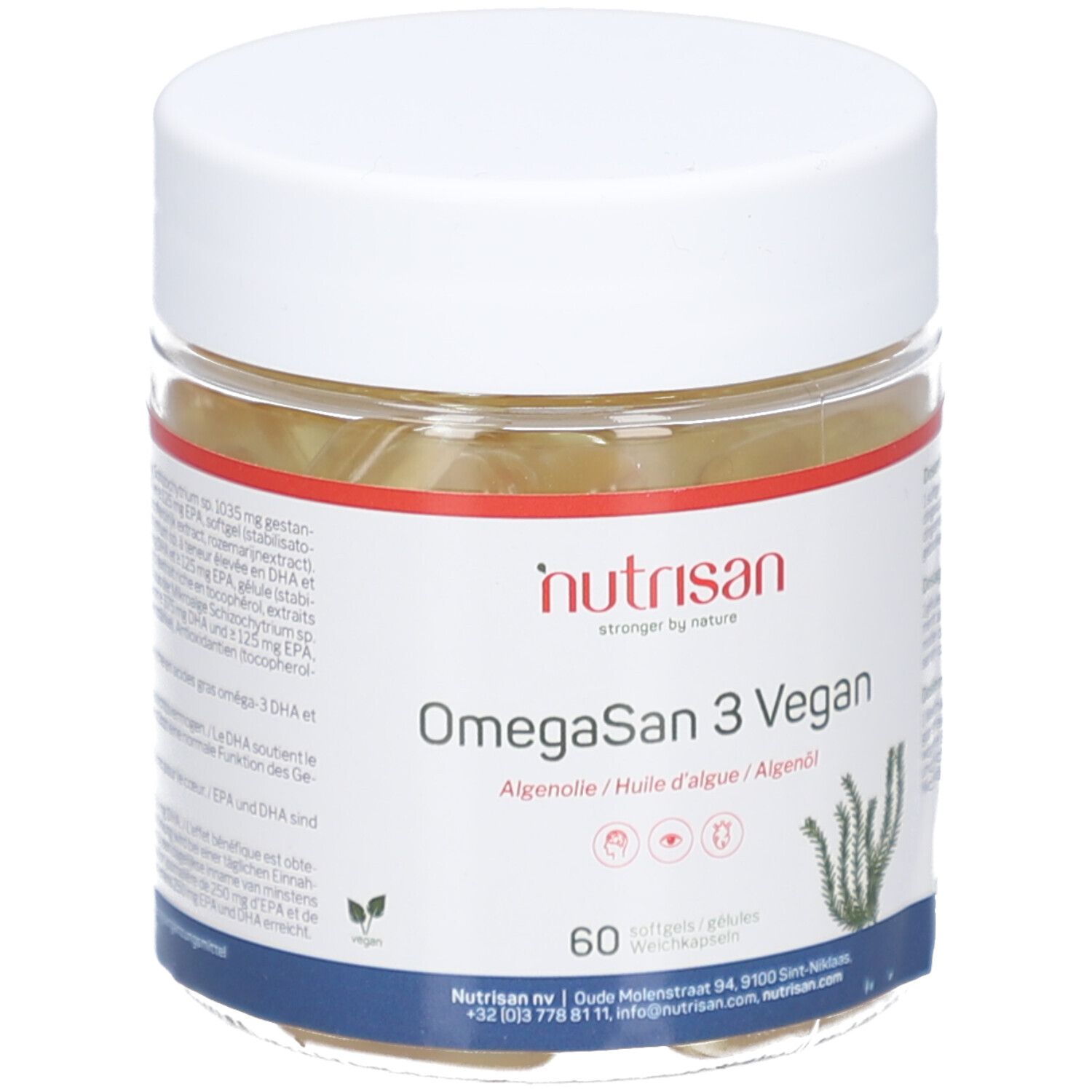 Klare Dose mit weißen Deckel. Etikett mit Produktname OmegaSan 3 Vegan, Marke Nutrisan. 60 Softgels.