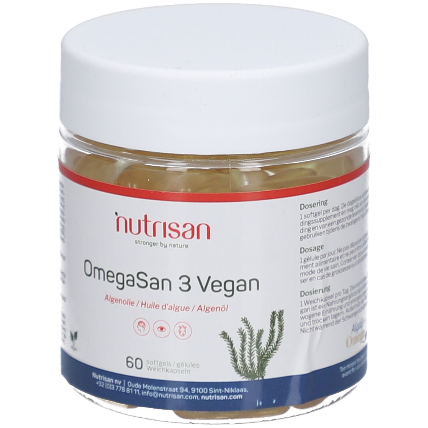 Klare Dose mit weißen Deckel. Etikett mit Produktname OmegaSan 3 Vegan, Marke Nutrisan. 60 Softgels.