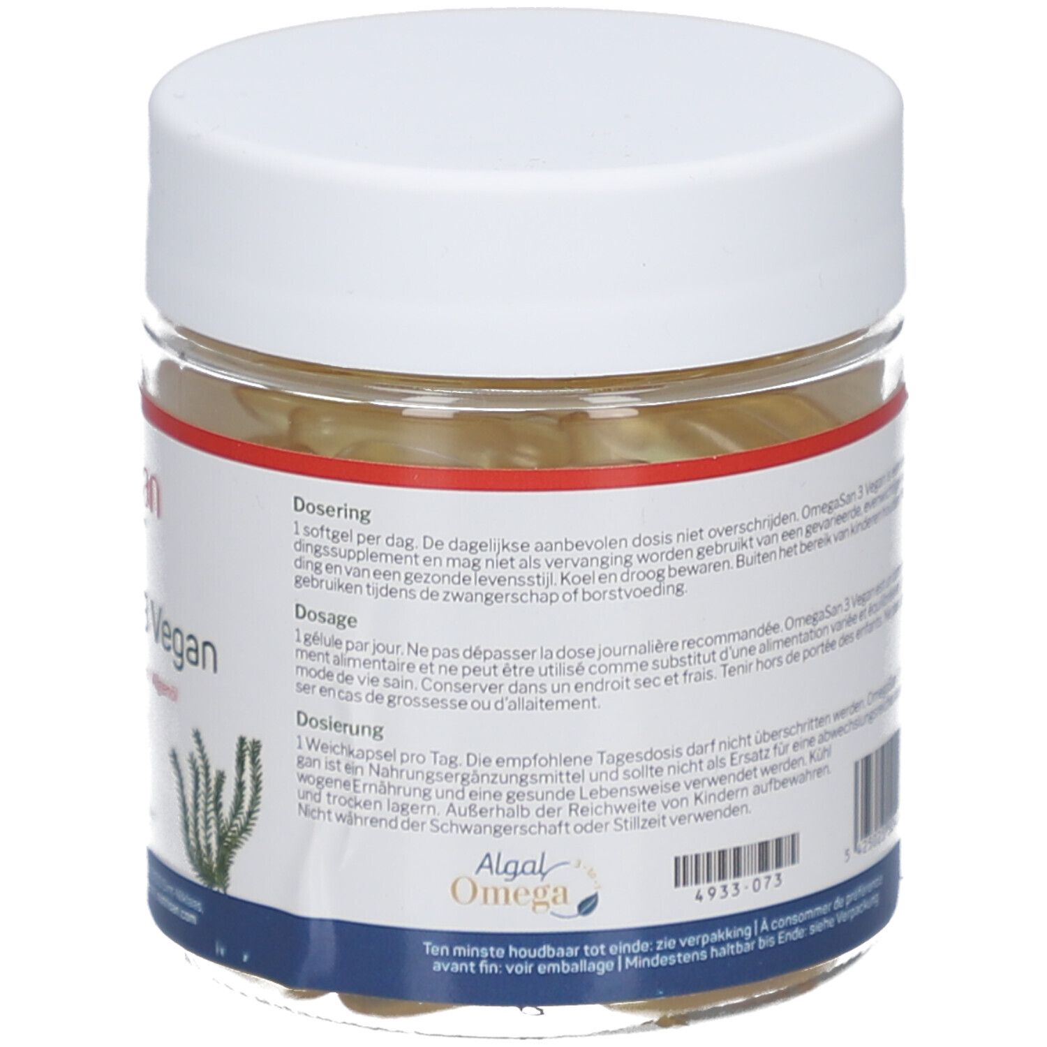 Dose mit weißen Deckel. Etikett mit Dosierungsinformationen. OmegaSan 3 Vegan, Marke Nutrisan.