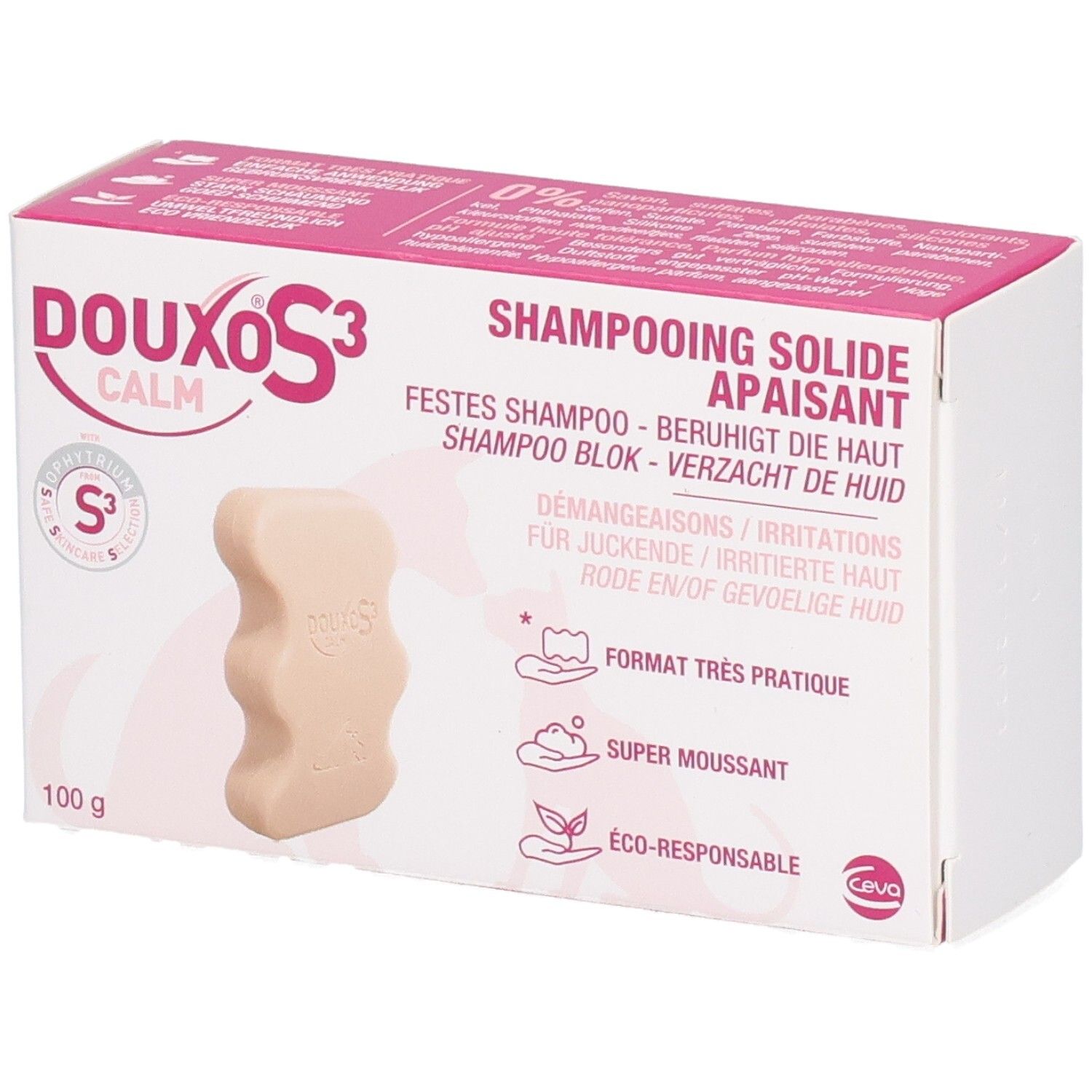 Verpackung mit Shampoo-Block. Rosa-weiße Schachtel mit Produktnamen und Produktabbildung. 100g.