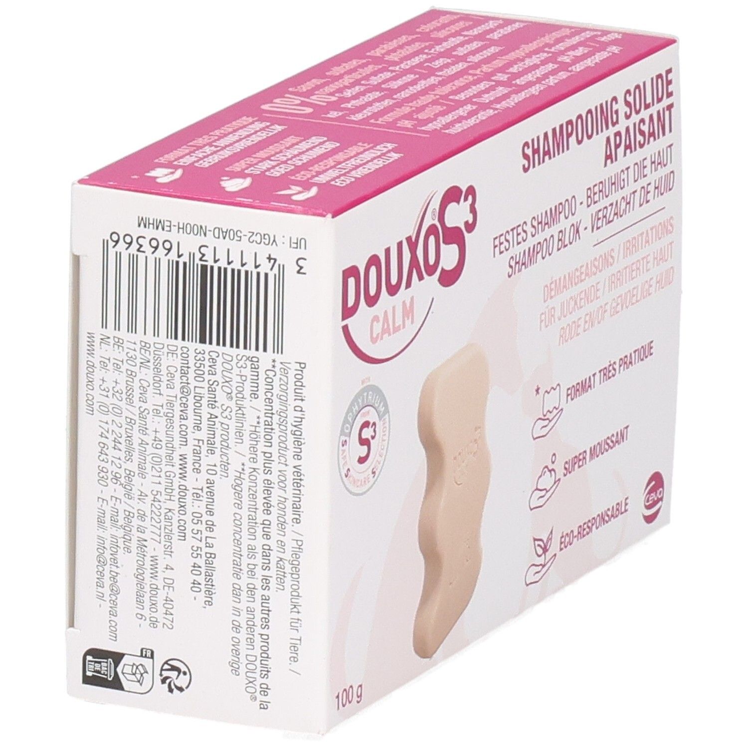 Verpackung mit Shampoo-Block. Rosa-weiße Schachtel mit Produktnamen und Barcode. 100g.