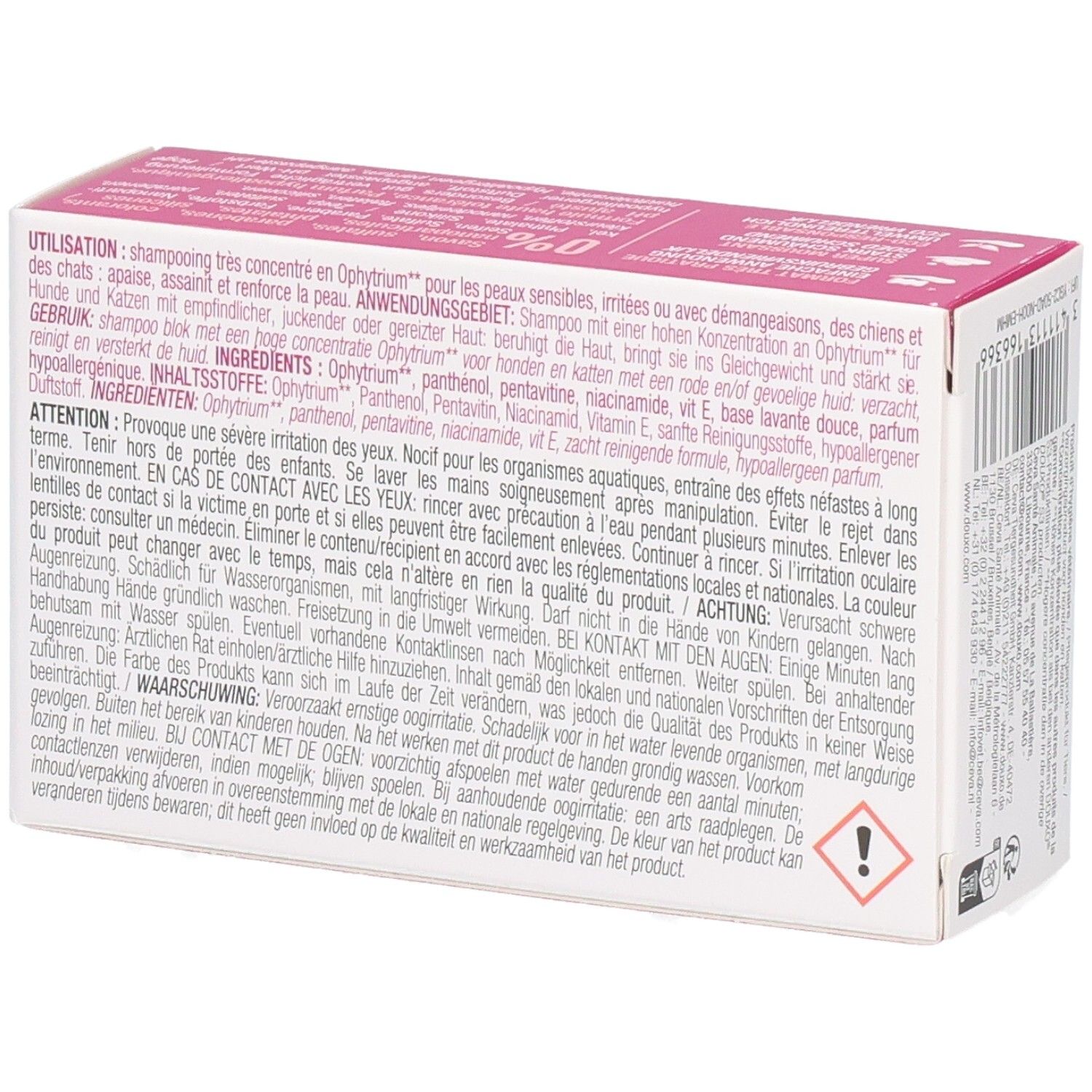Rückseite der Verpackung mit Text. Rosa-weiße Schachtel mit Produktinformationen und Warnhinweisen.