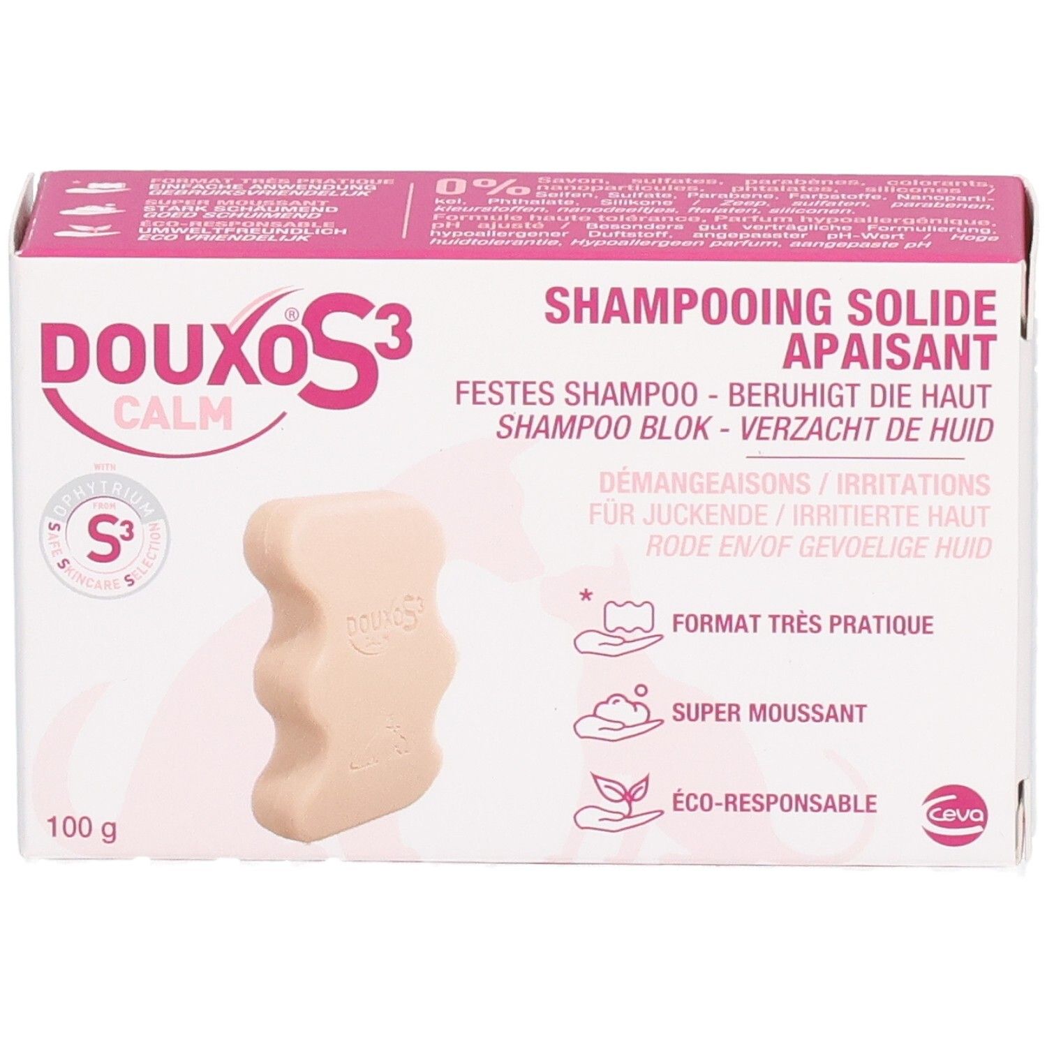 Verpackung mit Shampoo-Block. Rosa-weiße Schachtel mit Produktnamen und Produktabbildung. 100g.