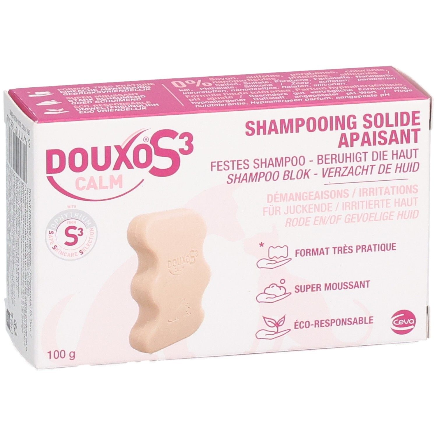 Verpackung mit Shampoo-Block. Rosa-weiße Schachtel mit Produktnamen und Produktabbildung. 100g.