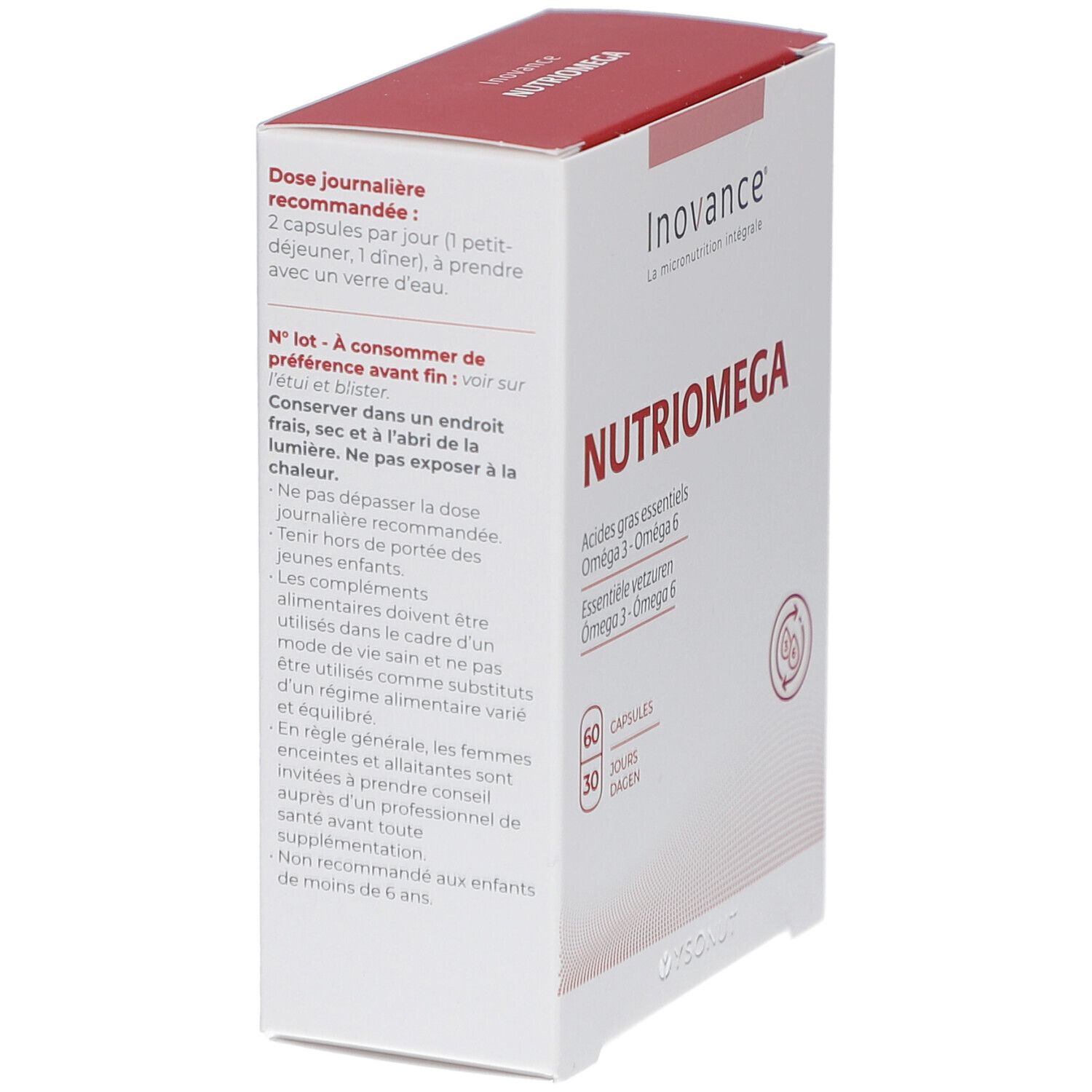 Weißer Karton mit rotem Deckel. Aufschrift: NUTRIOMEGA. Enthält Omega 3 und 6 Fettsäuren. Marke: Inovance. Text auf der Seite.