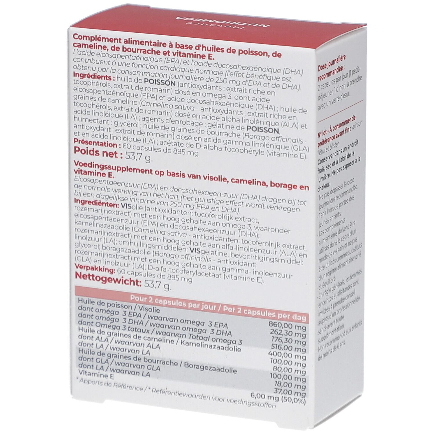 Rückseite der weißen Schachtel. Enthält Informationen zu Inhaltsstoffen und Nährwerten. Aufschrift: NUTRIOMEGA. Marke: Inovance.