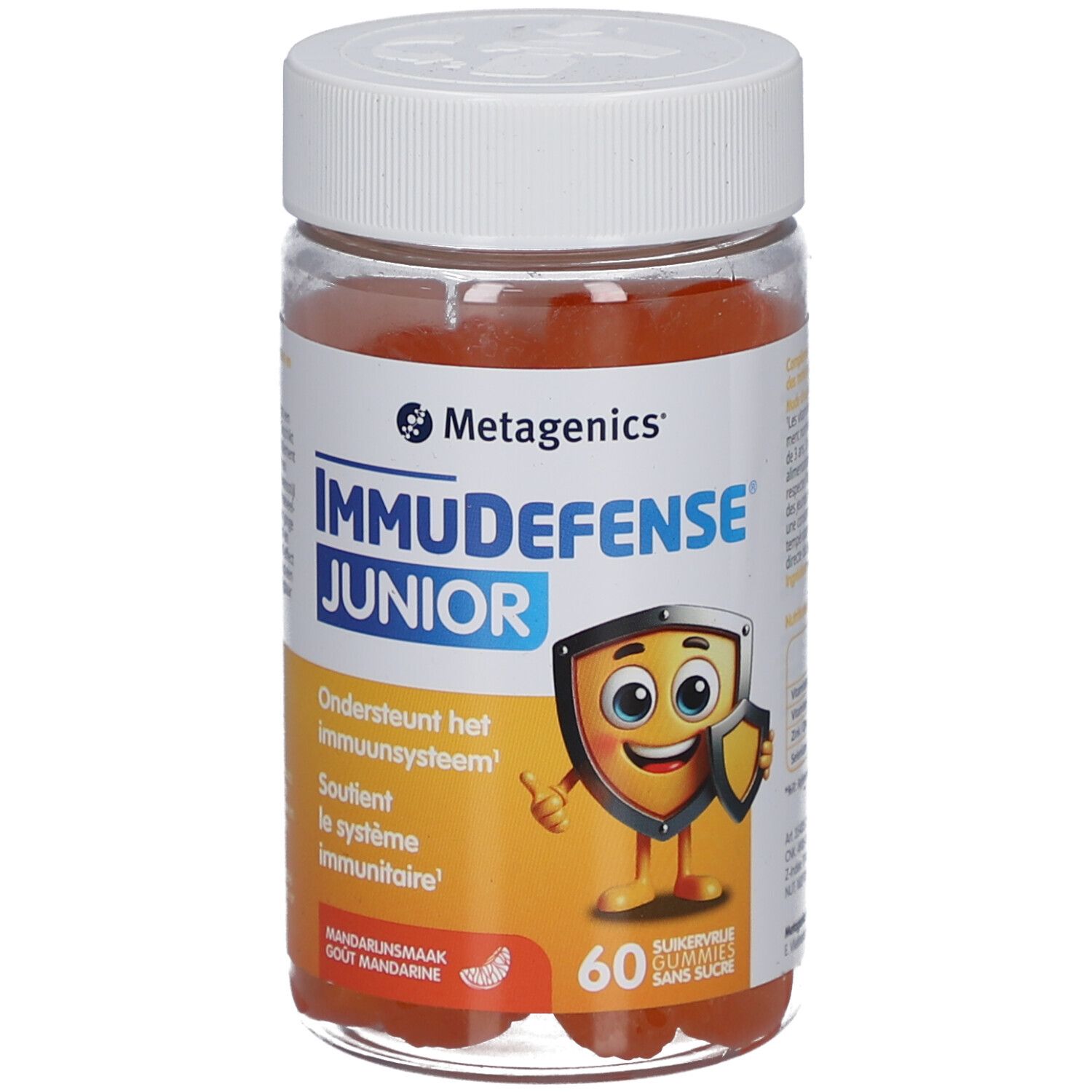 Metagenics ImmuDefense Junior. Flasche mit 60 Gummibärchen. Aufdruck: ImmuDefense Junior, Mandarinengeschmack, zuckerfrei.