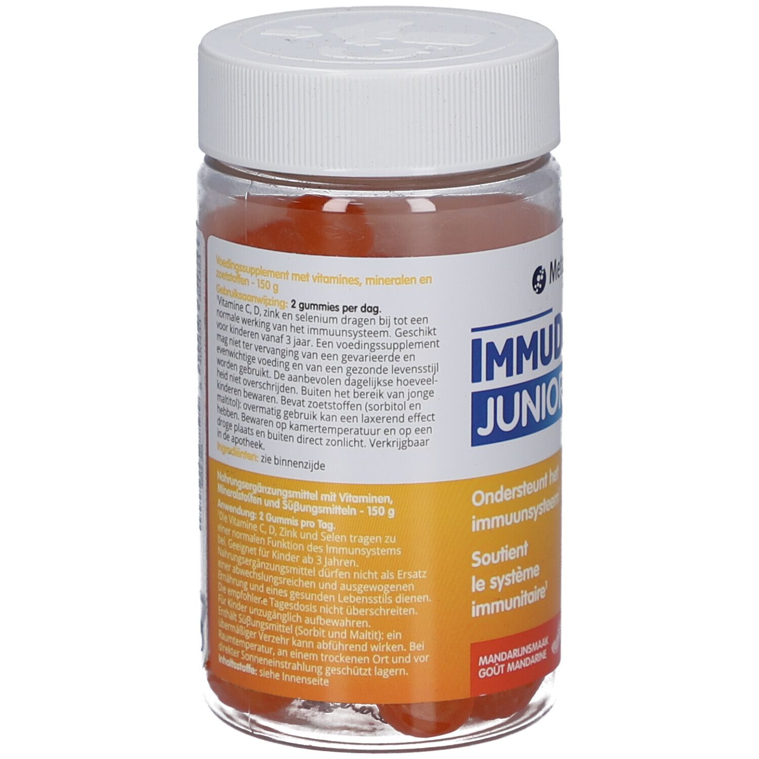 Rückseite der Flasche Metagenics ImmuDefense Junior. Text in Deutsch und Niederländisch. Enthält Vitamine und Mineralien.