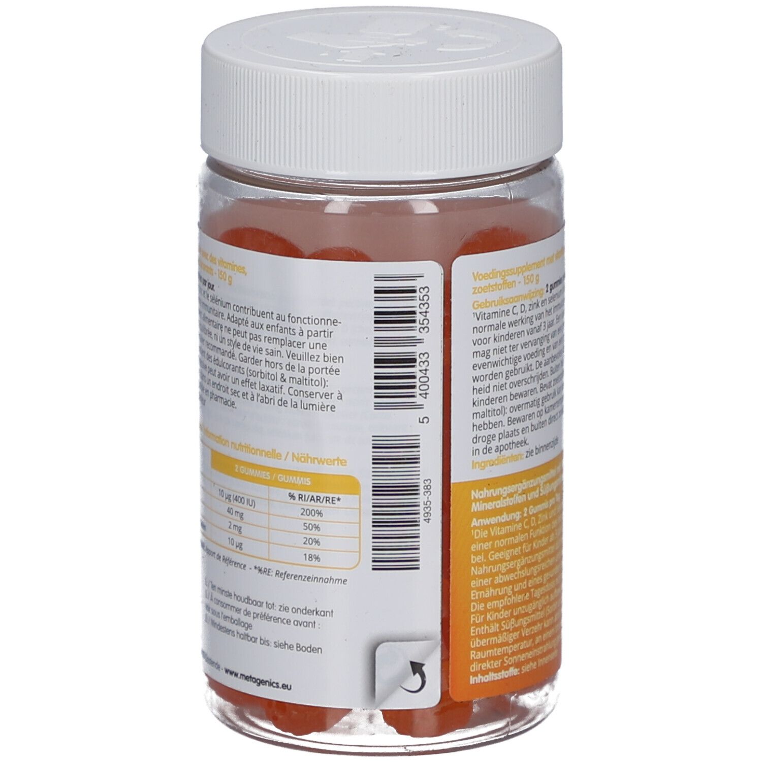 Rückseite der Flasche Metagenics ImmuDefense Junior. Text in Deutsch und Französisch. Nährwerttabelle mit Vitaminen.