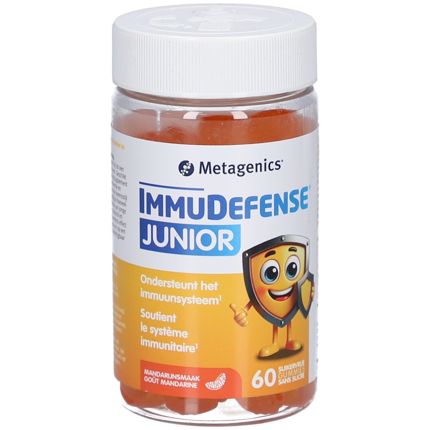Metagenics ImmuDefense Junior. Flasche mit 60 Gummibärchen. Aufdruck: ImmuDefense Junior, Mandarinengeschmack, zuckerfrei.