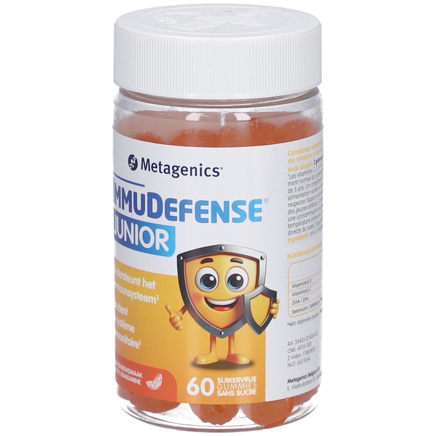 Metagenics ImmuDefense Junior. Flasche mit 60 Gummibärchen. Aufdruck: ImmuDefense Junior, Mandarinengeschmack, zuckerfrei.