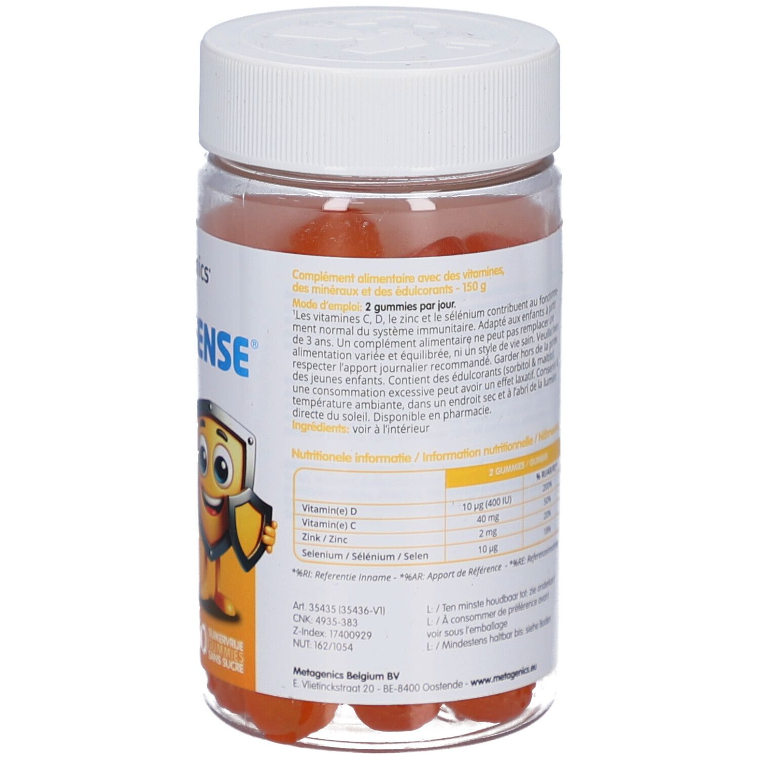 Rückseite der Flasche Metagenics ImmuDefense Junior. Text in Deutsch und Französisch. Nährwerttabelle mit Vitaminen.