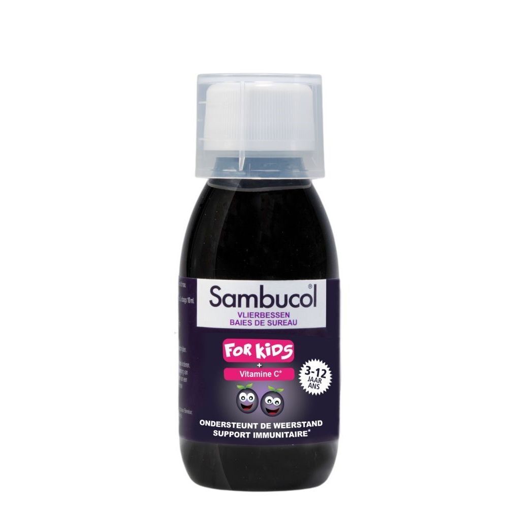 Bouteille de liquide. Inscription: Sambucol, For Kids, Vitamine C. 3-12 ans.