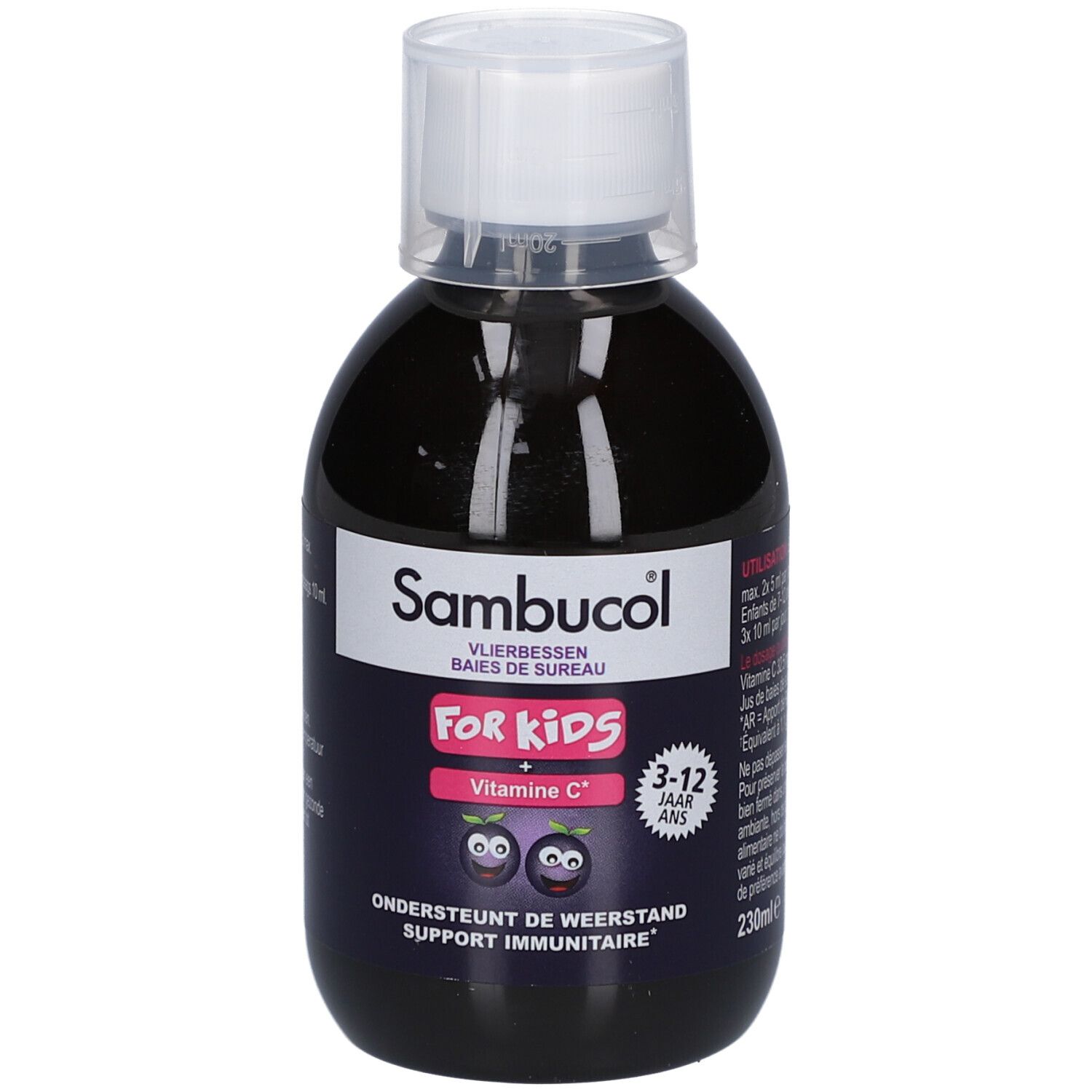 Flüssigkeit in einer Flasche mit weißem Deckel. Aufschrift: Sambucol, For Kids, Vitamin C. Altersempfehlung: 3-12 Jahre.
