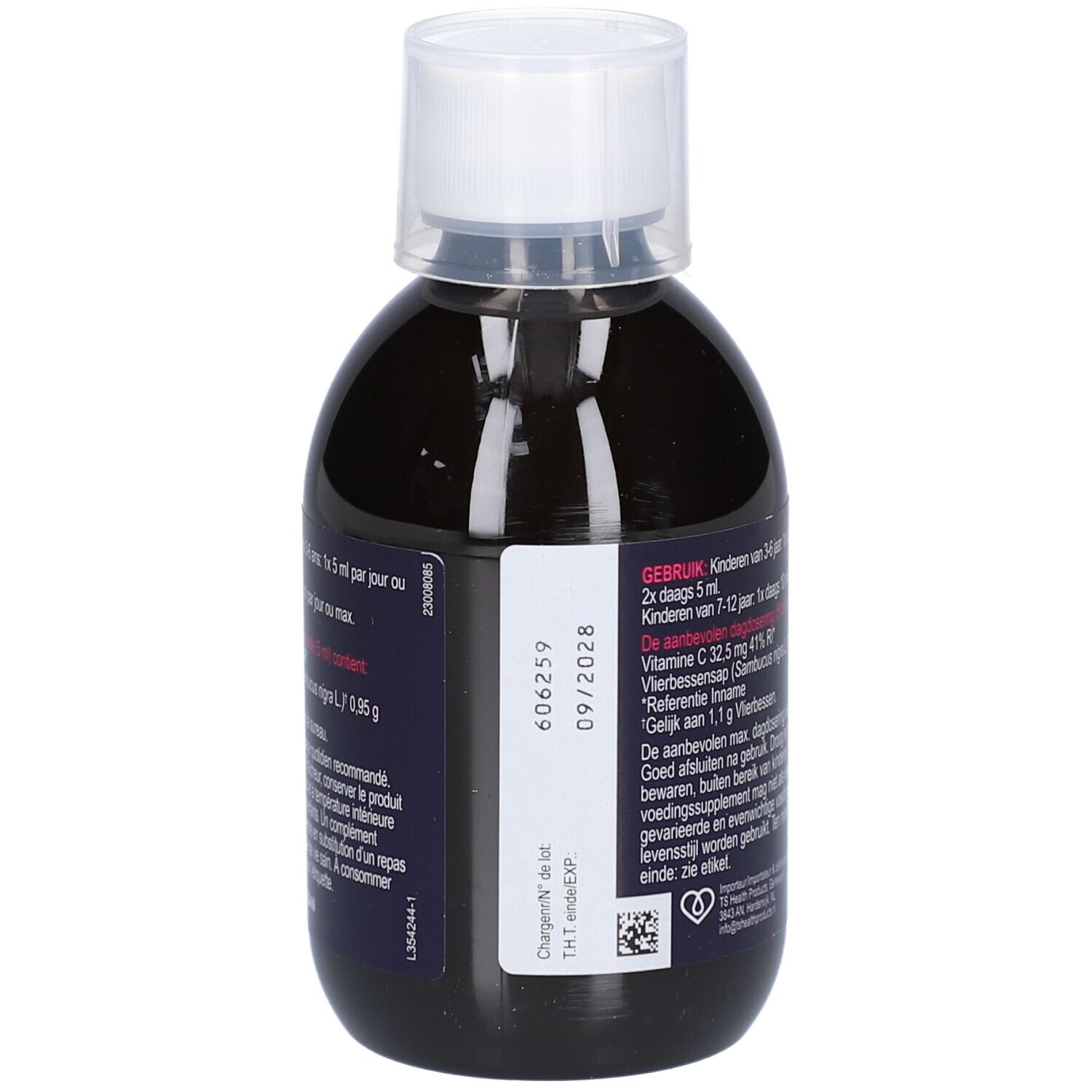 Rückseite einer Flasche mit Flüssigkeit. Text: Gebrauchsanweisung, Inhaltsstoffe. Aufschrift: Sambucol, For Kids, Vitamin C.