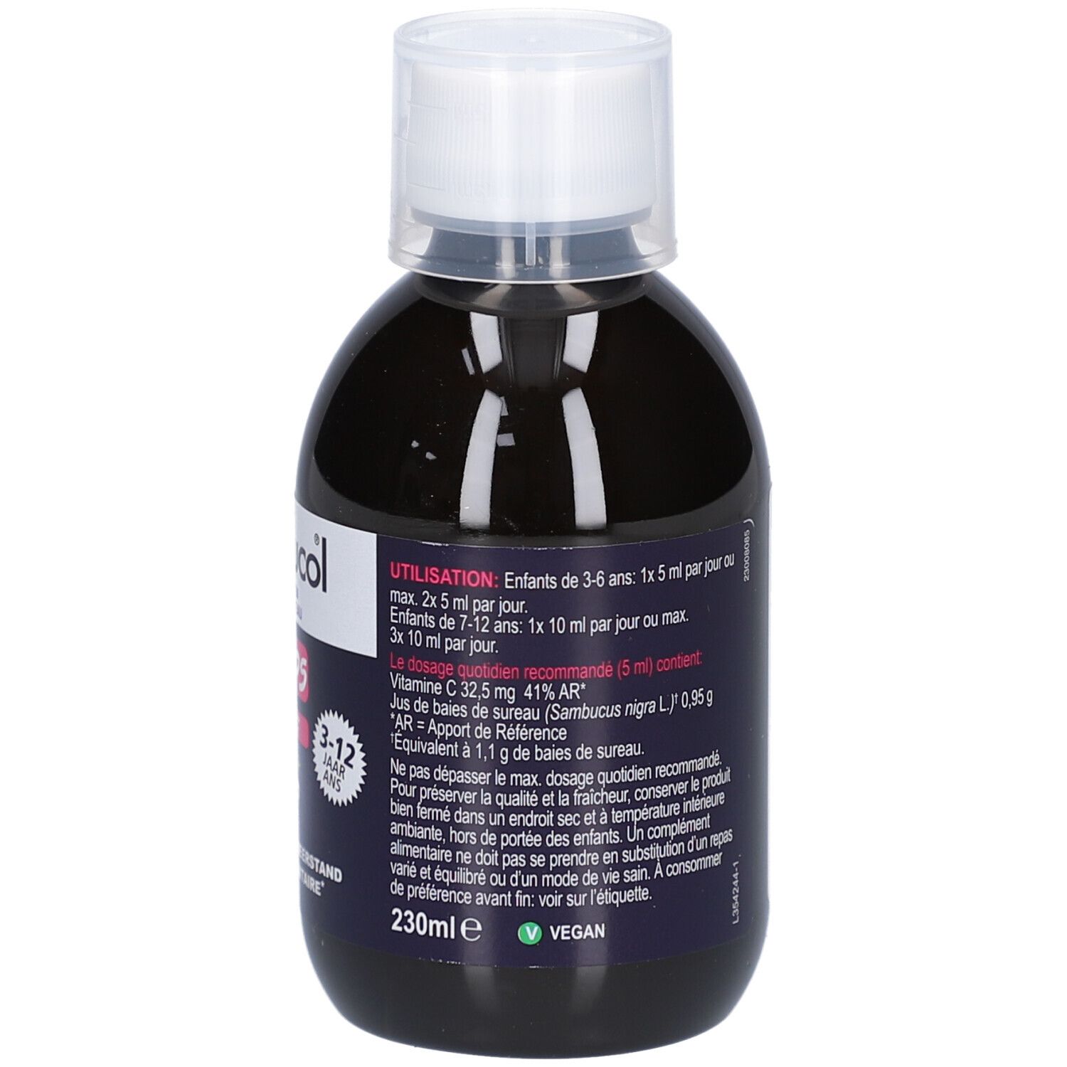 Flasche mit Flüssigkeit. Text: Gebrauchsanweisung, Inhaltsstoffe. Aufschrift: Sambucol, For Kids, Vitamin C. Altersempfehlung: 3-12 Jahre.