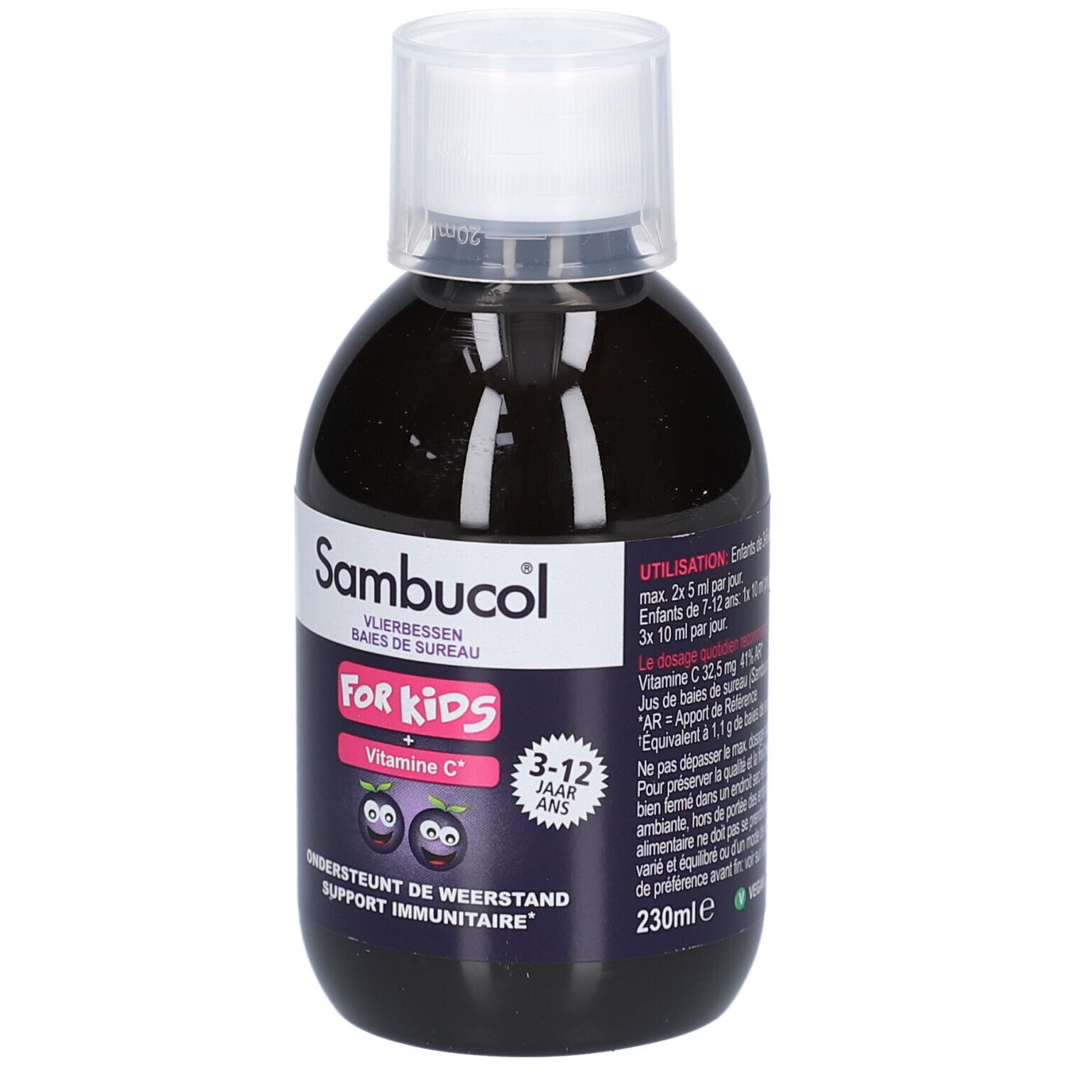 Flasche mit Flüssigkeit. Aufschrift: Sambucol, For Kids, Vitamin C. Altersempfehlung: 3-12 Jahre. 230ml.