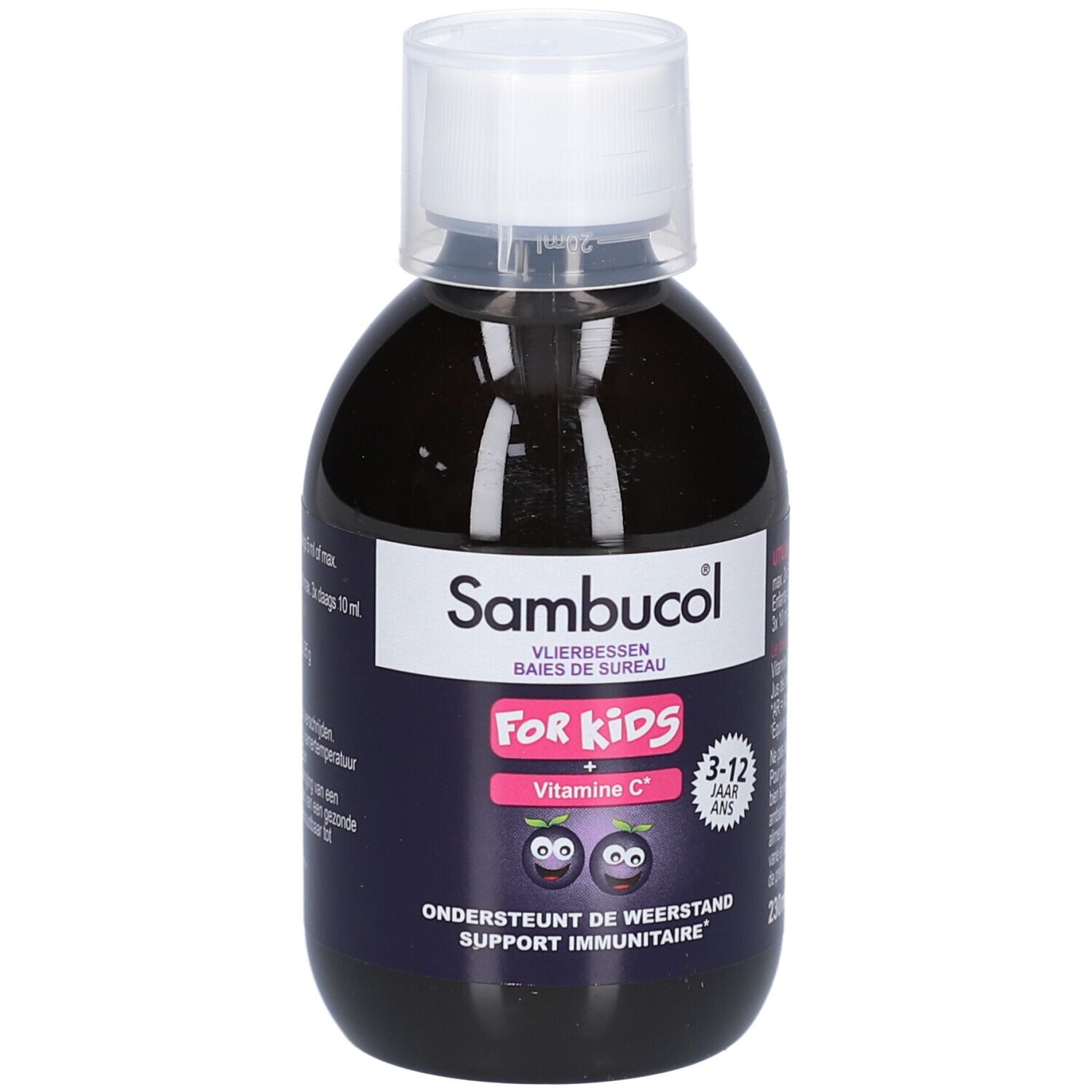 Flasche mit Flüssigkeit. Aufschrift: Sambucol, For Kids, Vitamin C. Altersempfehlung: 3-12 Jahre. 230ml.