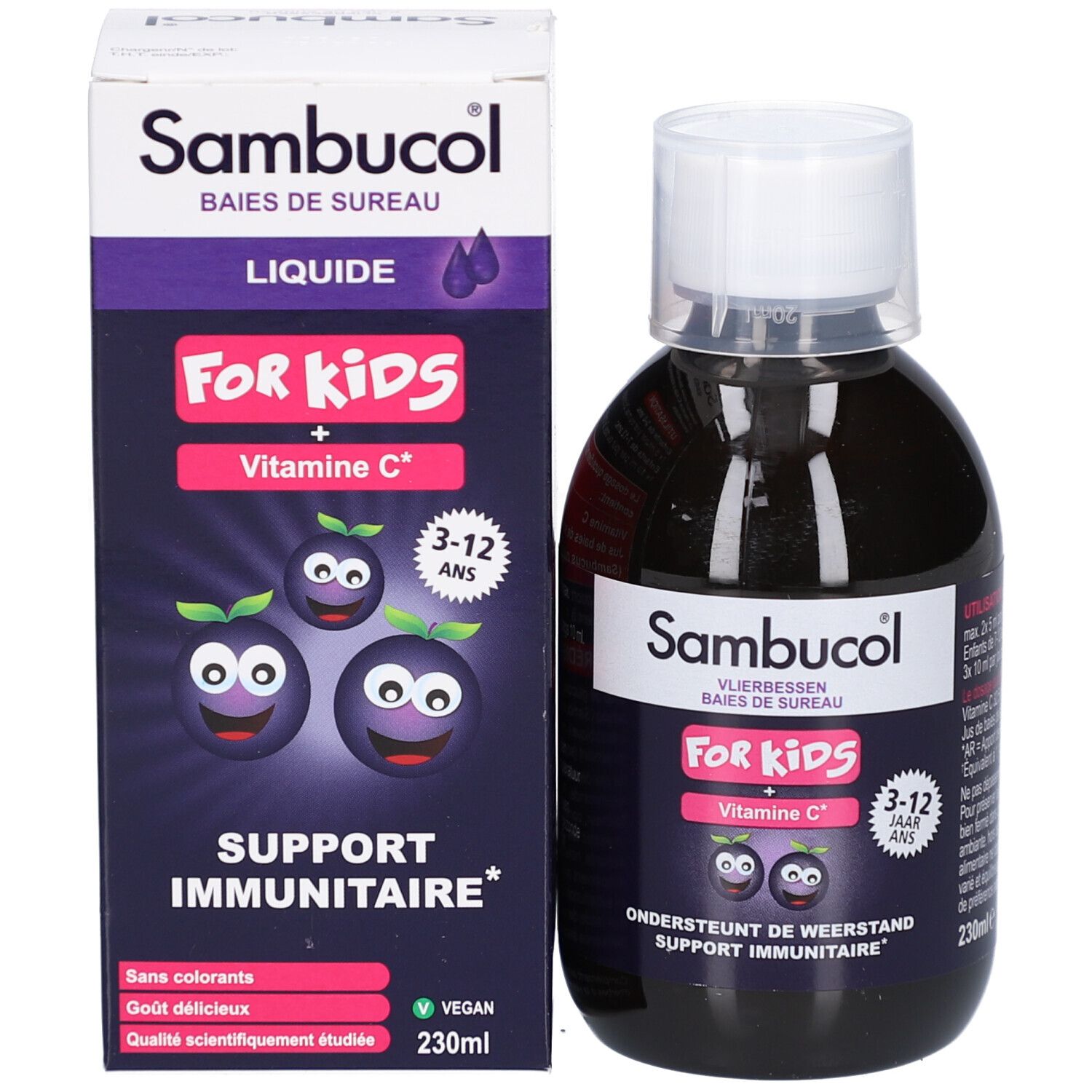 Produktverpackung und Flasche. Aufschrift: Sambucol, For Kids, Vitamin C. Altersempfehlung: 3-12 Jahre. 230ml.