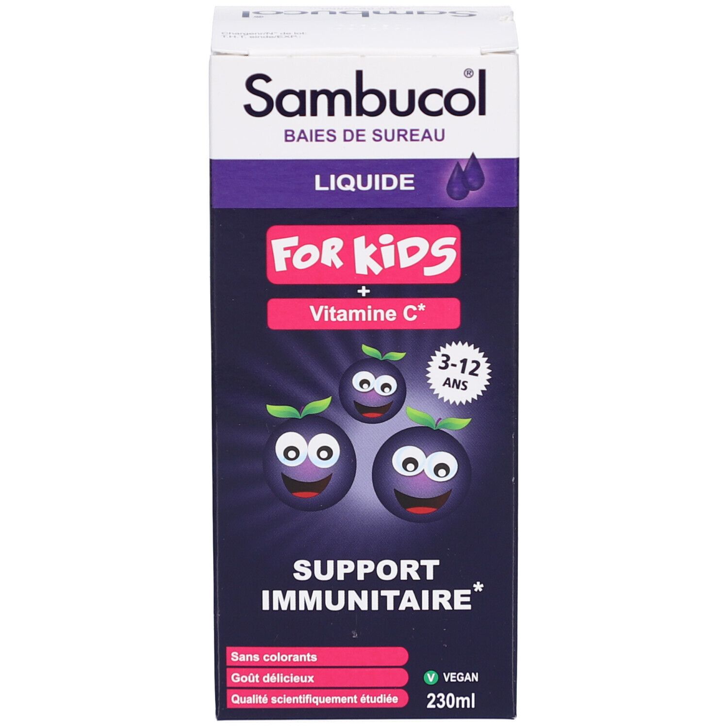 Produktverpackung. Aufschrift: Sambucol, For Kids, Vitamin C. Altersempfehlung: 3-12 Jahre. 230ml.