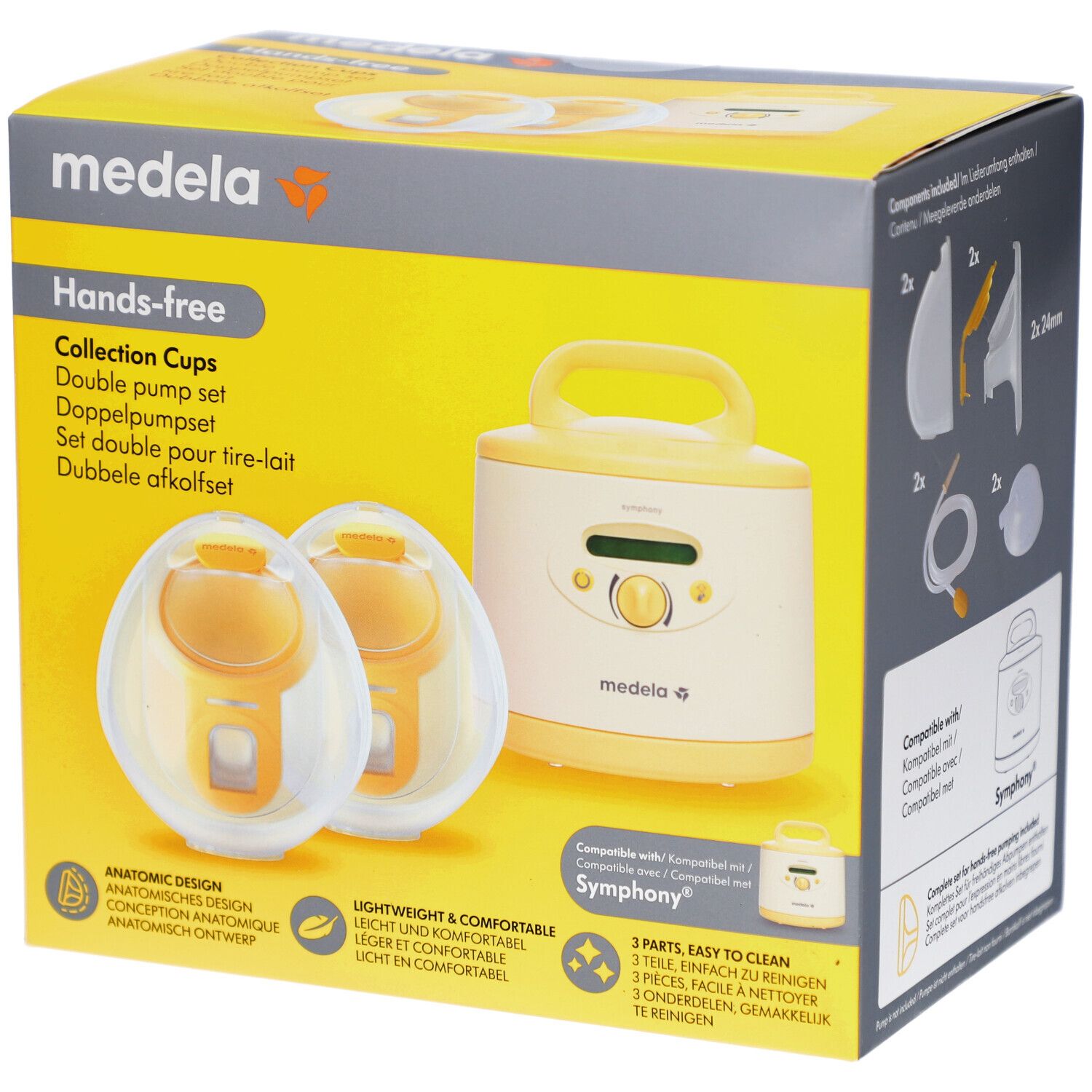 Boîte jaune avec image du produit. Collection Cups mains libres, ensemble double pompe. Logo Medela. Compatibilité Symphony.